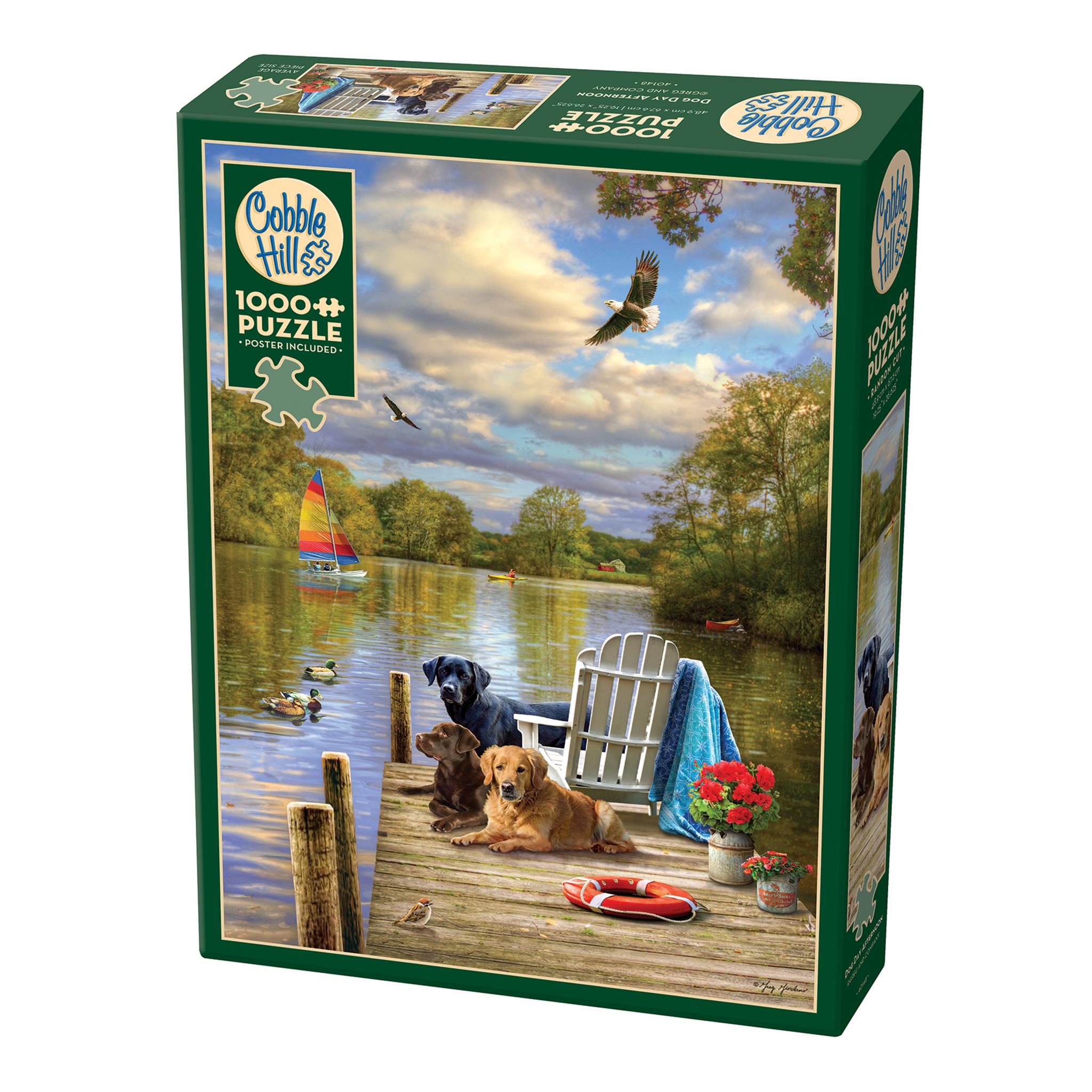A 1000 piece Cobble Hill puzzle box featuring an illustrated scene with a dog, birds, boats, and a dock on a puzzle-like background.