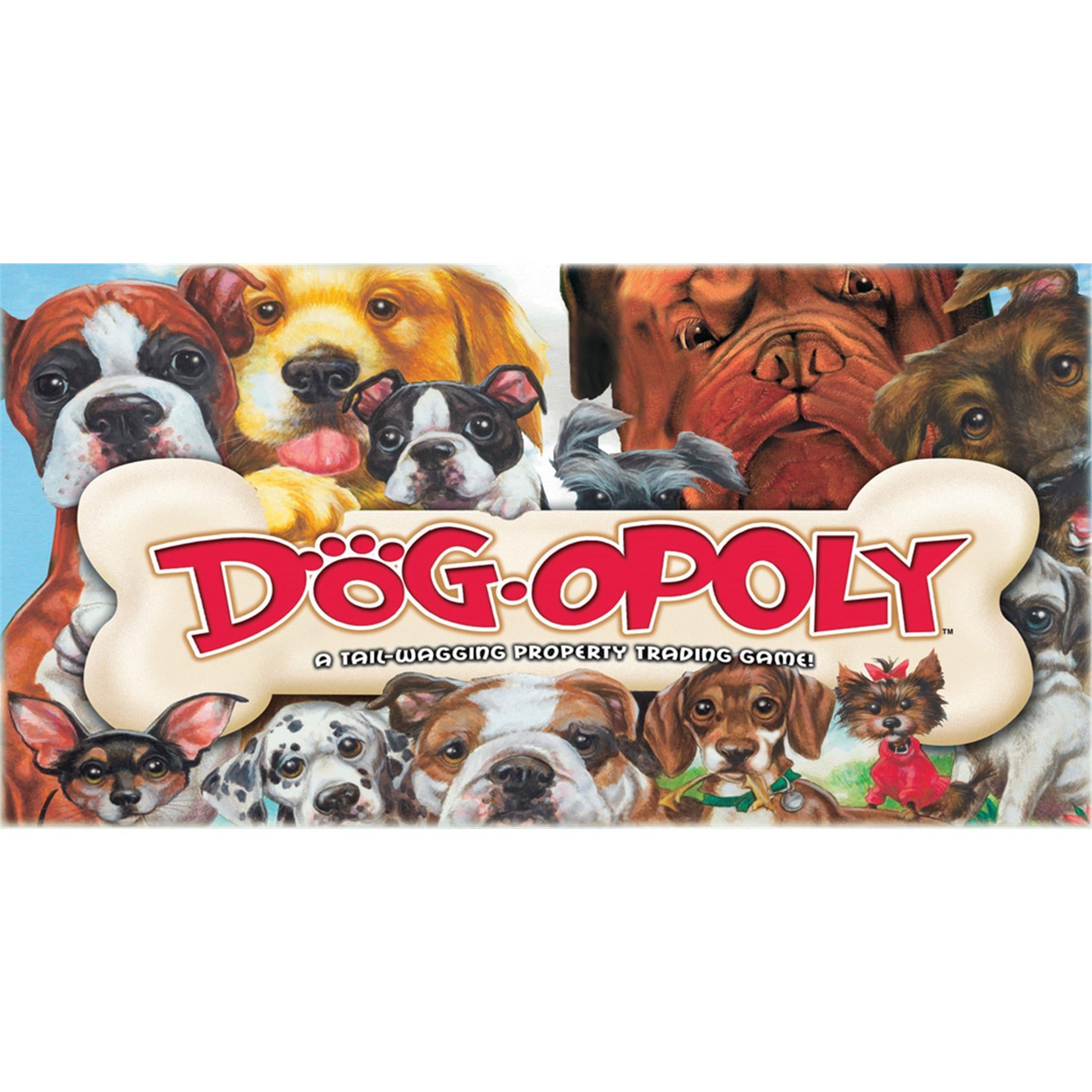 Board game cover for Dog Opoly featuring various breeds of dogs around a bone-shaped game title.