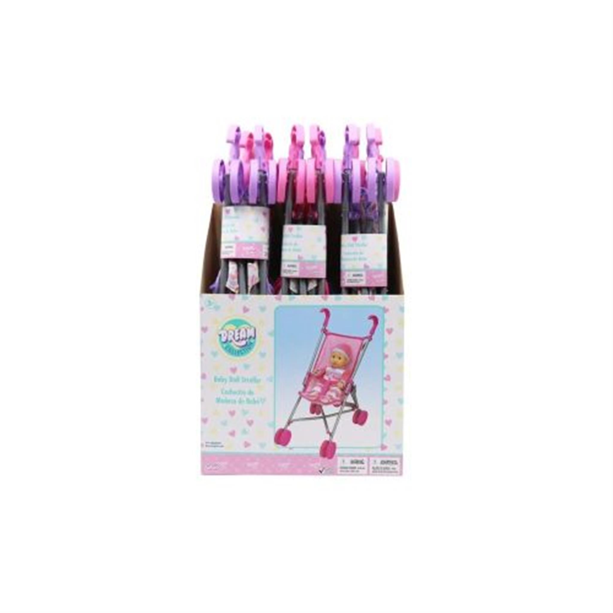 A display box containing doll strollers in pink and purple colors, with packaging that features the product name and an image of the doll stroller.