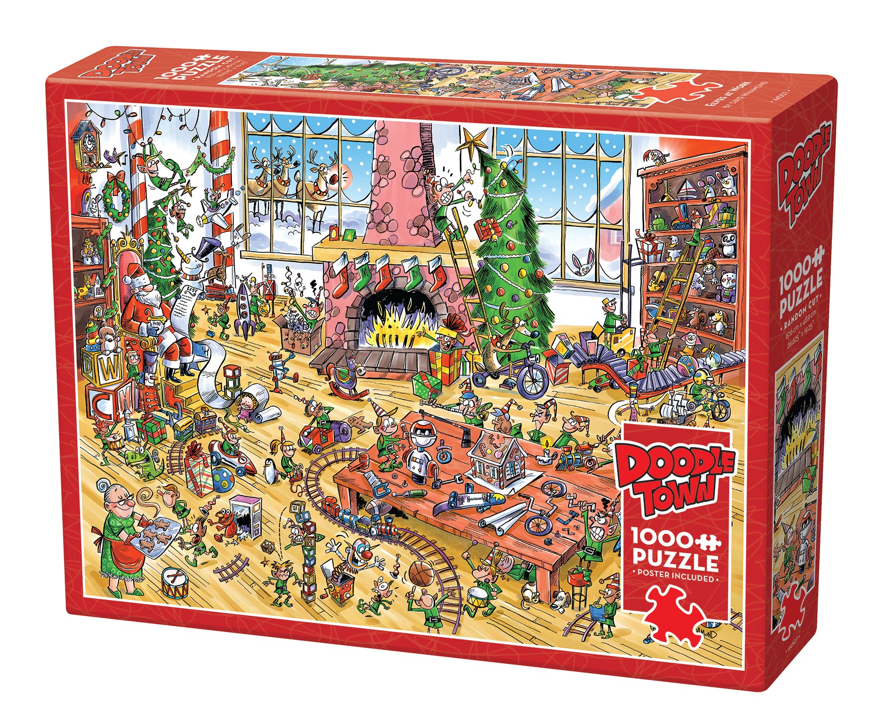 A 1000 piece jigsaw puzzle box featuring a whimsical Christmas scene with elves and toys in Santa's workshop.