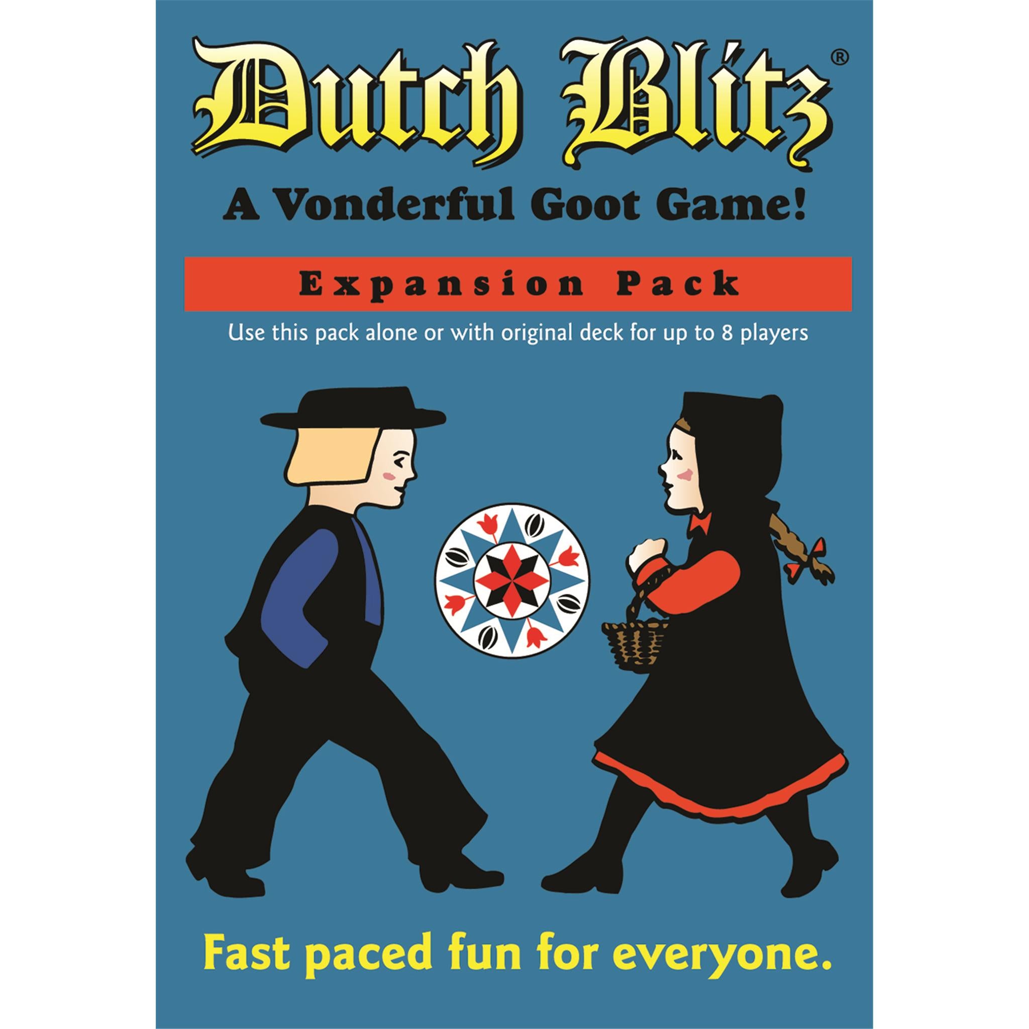 Dutch Blitz Expansion Pack cover art featuring cartoon illustrations of a man and a woman in traditional Dutch clothing, with a cart and windmill elements. The text on the image indicates the game is a 'Wonderful Goot Game' and that it is an expansion pack for 2 to 8 players.