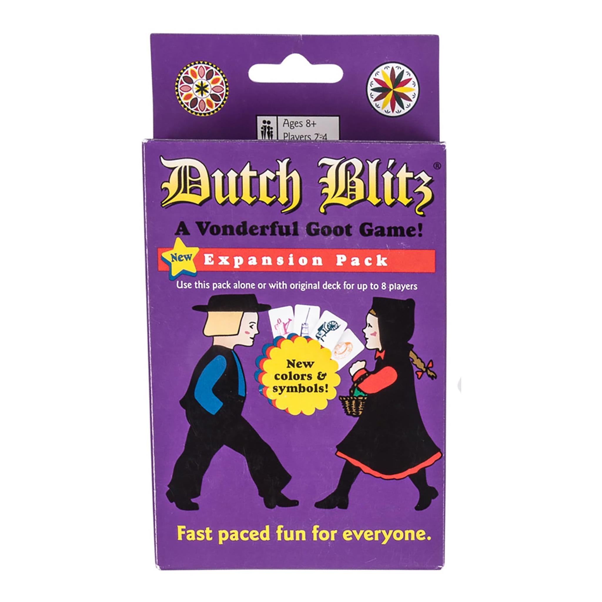 Packaging for the Dutch Blitz card game expansion pack, featuring the game's colorful logo and illustrations of characters from the game.
