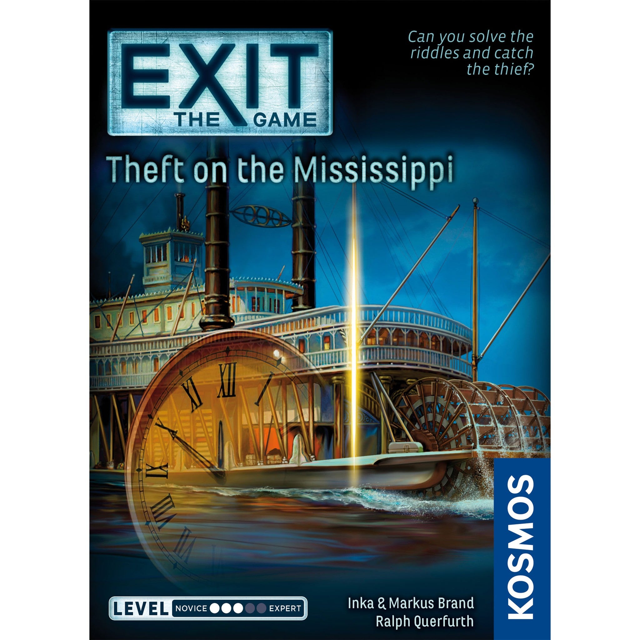 Box cover for the EXIT game 'Theft on the Mississippi', featuring an illustration of a paddle-wheel steamboat on the Mississippi River at dusk.