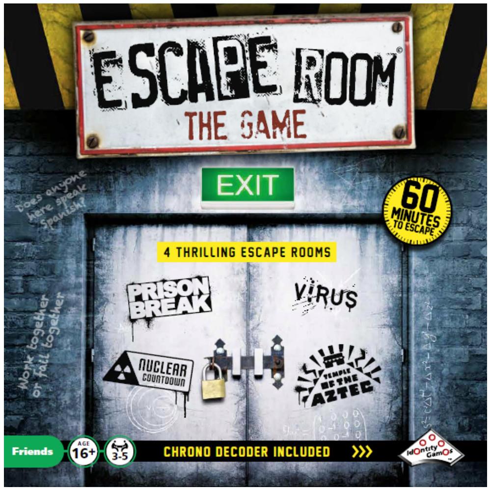 Board game cover for ' Escape Room ' showing a close-up of a door with 'EXIT' sign, locks, and hints at the adventures in the game like 'Prison Break', 'Virus', 'Murder Mystery', and 'Funk Land'. The game promises 60 minutes of fun and includes a chron decoder.