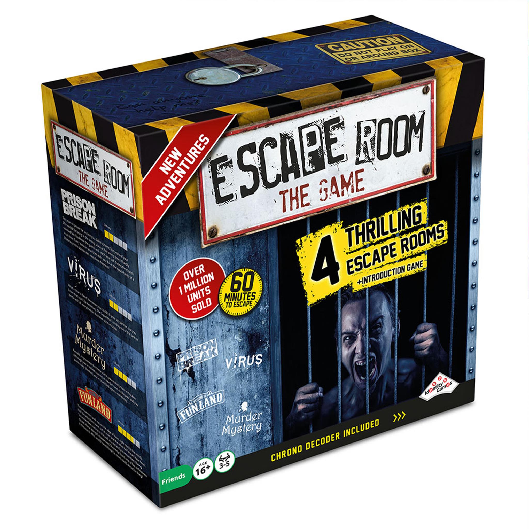 Escape Room packaging with stating 4 thrilling escape room games
