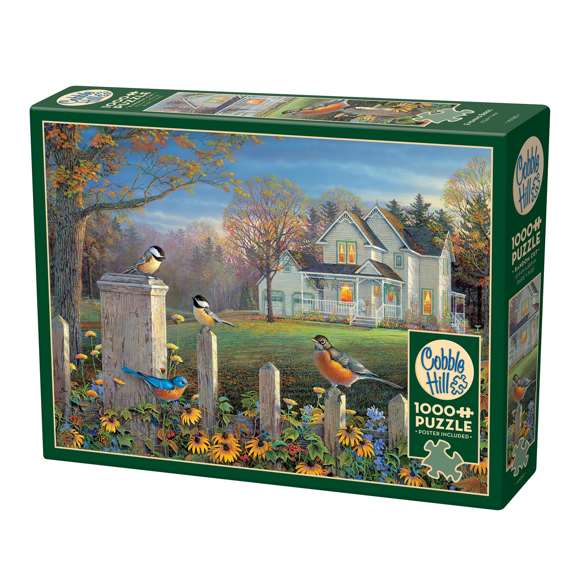 A 1000 piece Cobble Hill jigsaw puzzle box featuring an illustration of birds on a fence with a house and a garden in the background.