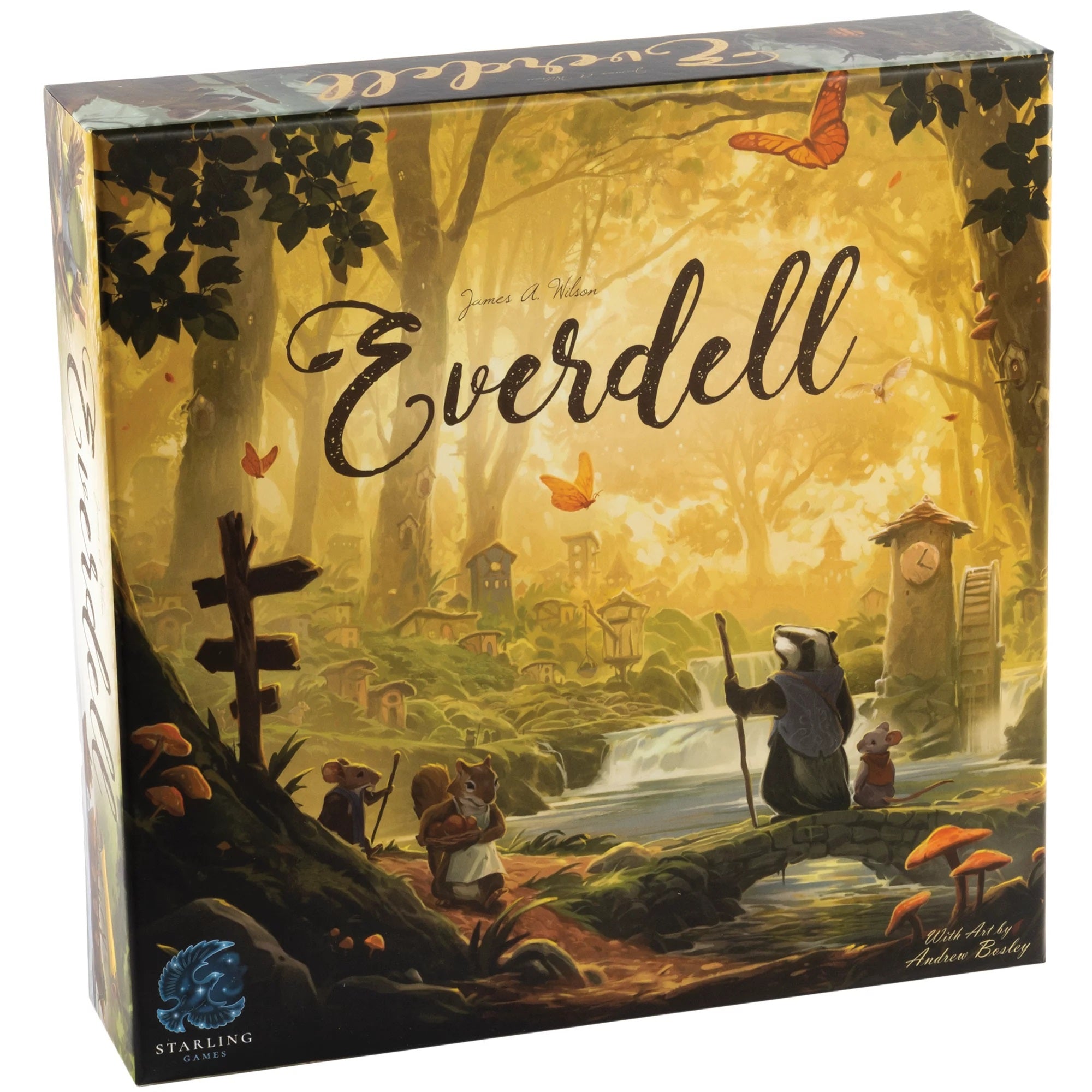 Board game box cover for Everdell, featuring artwork of a fantasy forest setting with an.egret bird, a rabbit, and a badger with a mill and a sunlit path.