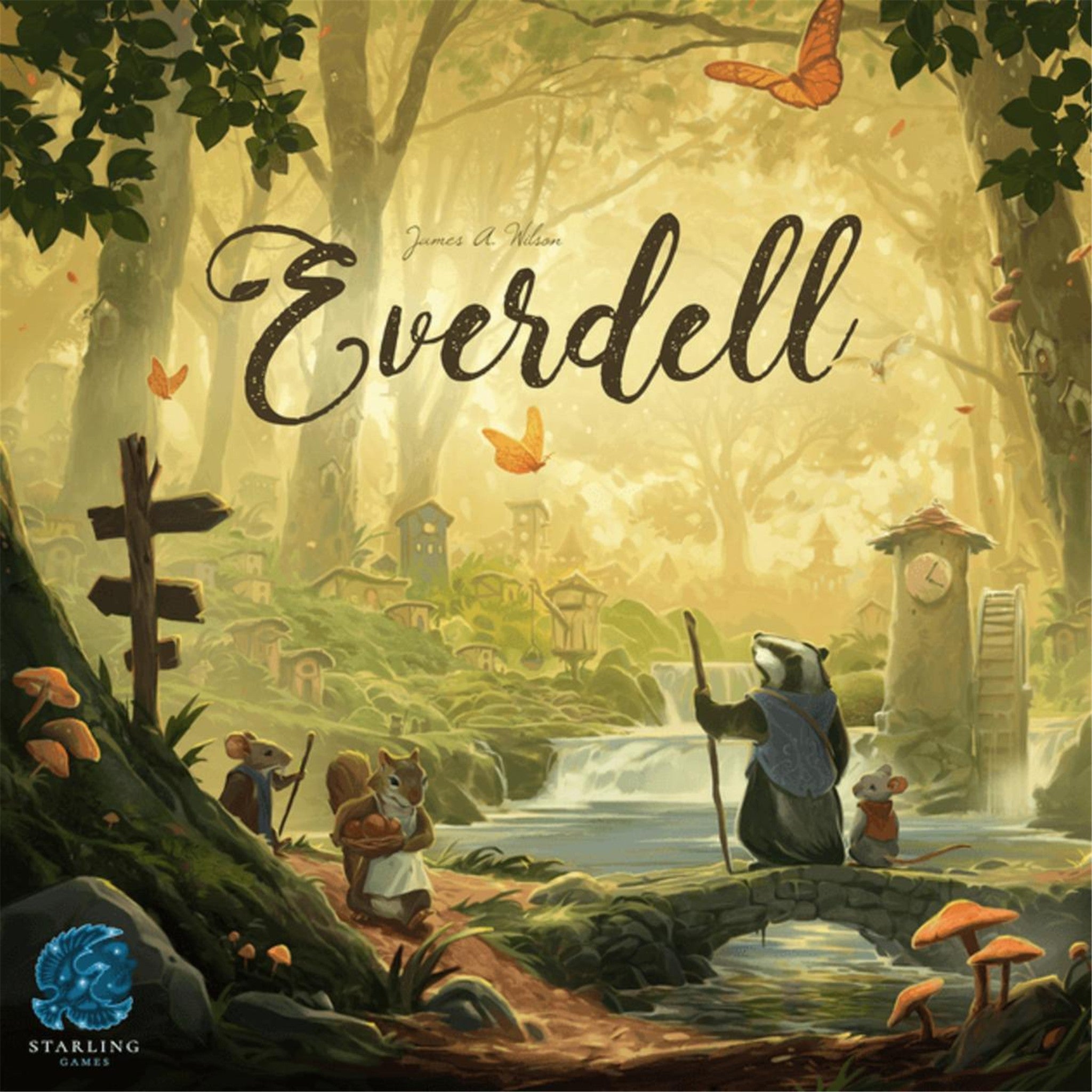 Board game box cover for Everdell, featuring artwork of a fantasy forest setting with butterflies, mice, and a badger on a stone bridge with a mill and small town in the background.