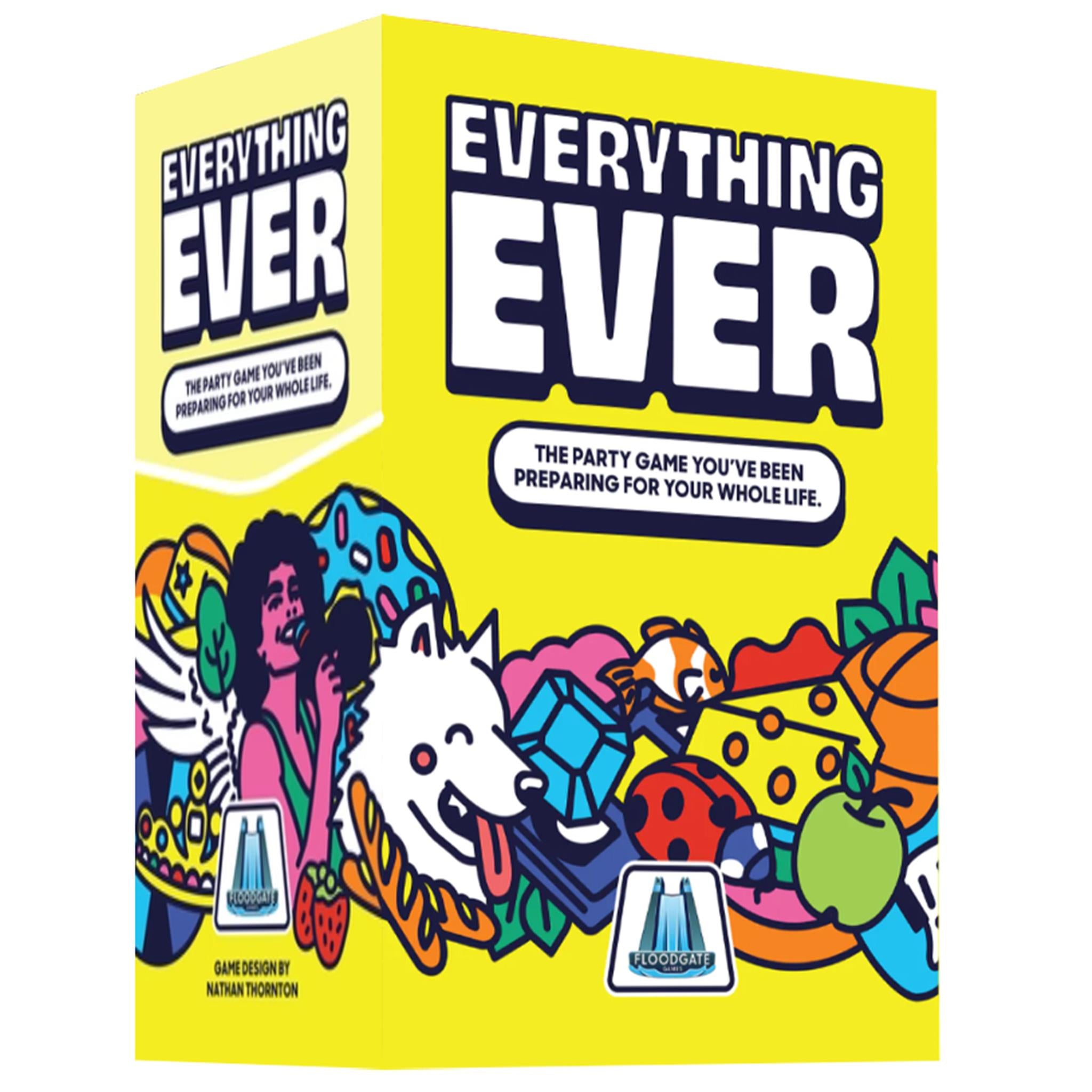 The image shows the packaging of the party game 'Everything Ever', featuring a colorful and playful design with various characters and objects.