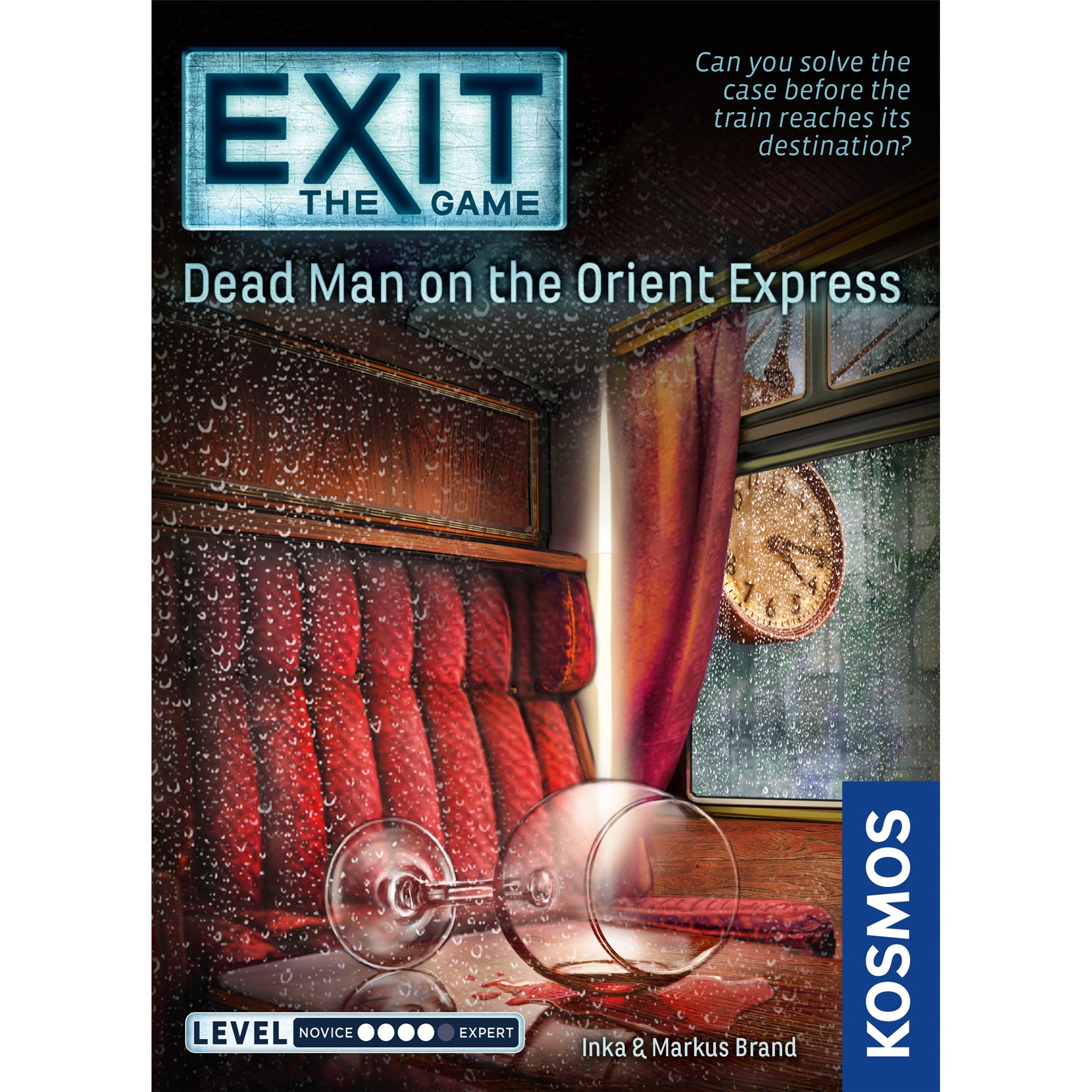 Board game box cover for 'Exit: Dead Man on the Orient Express' featuring an illustration of a train interior with a red curtain and a clock on the wall, under the title 'EXIT THE GAME'.