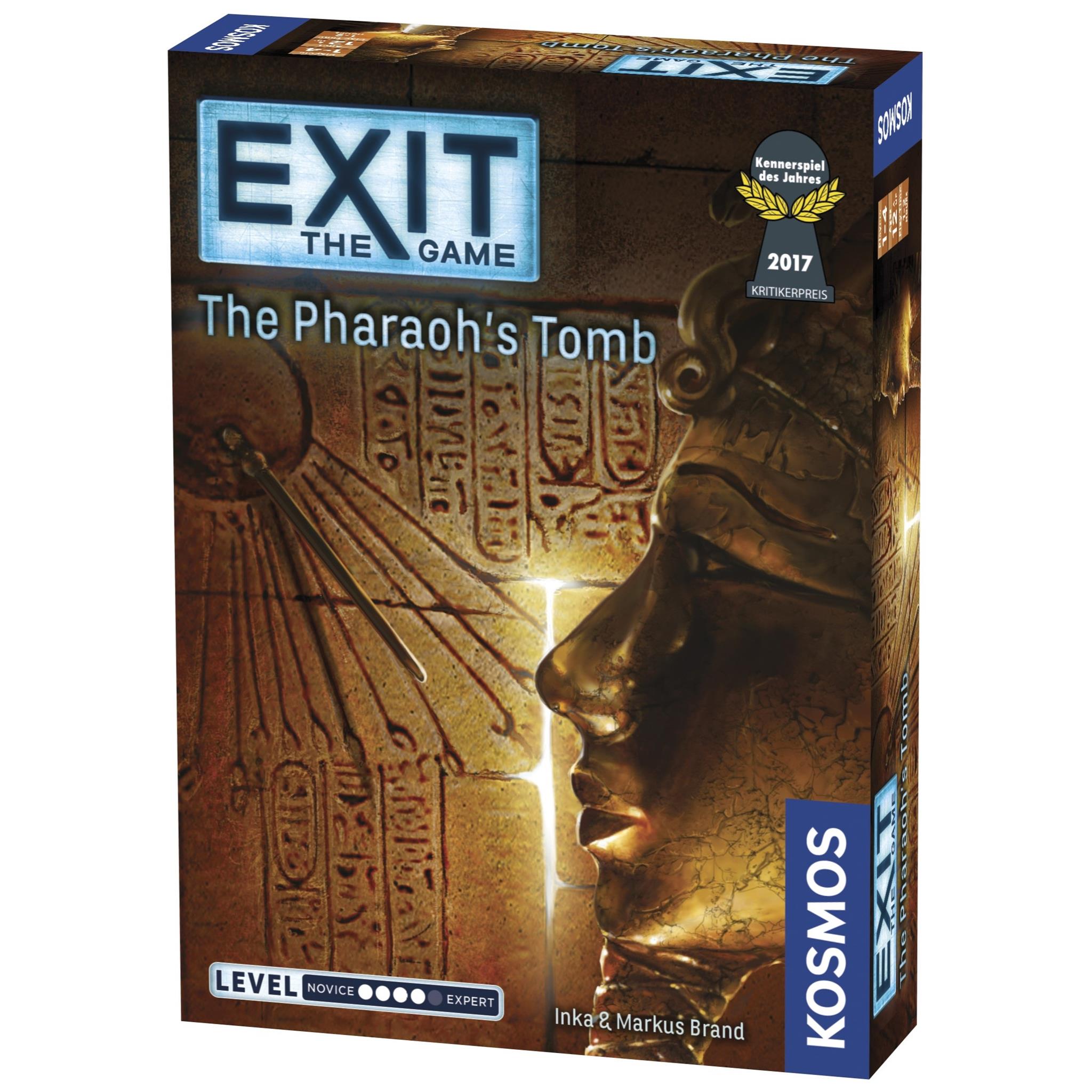 Box cover for the 'Exit: The Pharaoh's Tomb' board game, featuring an illustration of an ancient tomb and a pharaoh's profile.