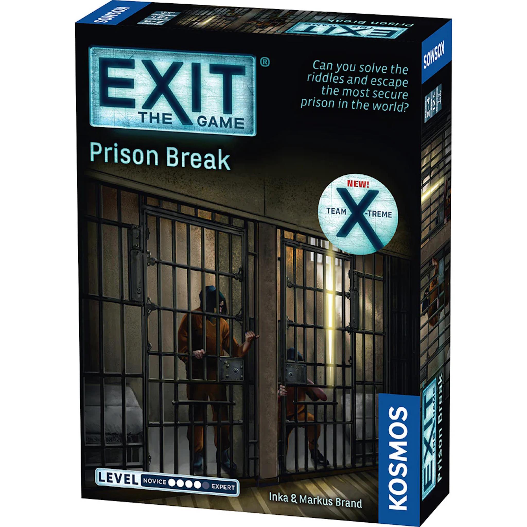 Box cover for the board game 'Exit: Prison Break' featuring an illustration of a prison cell with a person inside and the game's title displayed prominently.