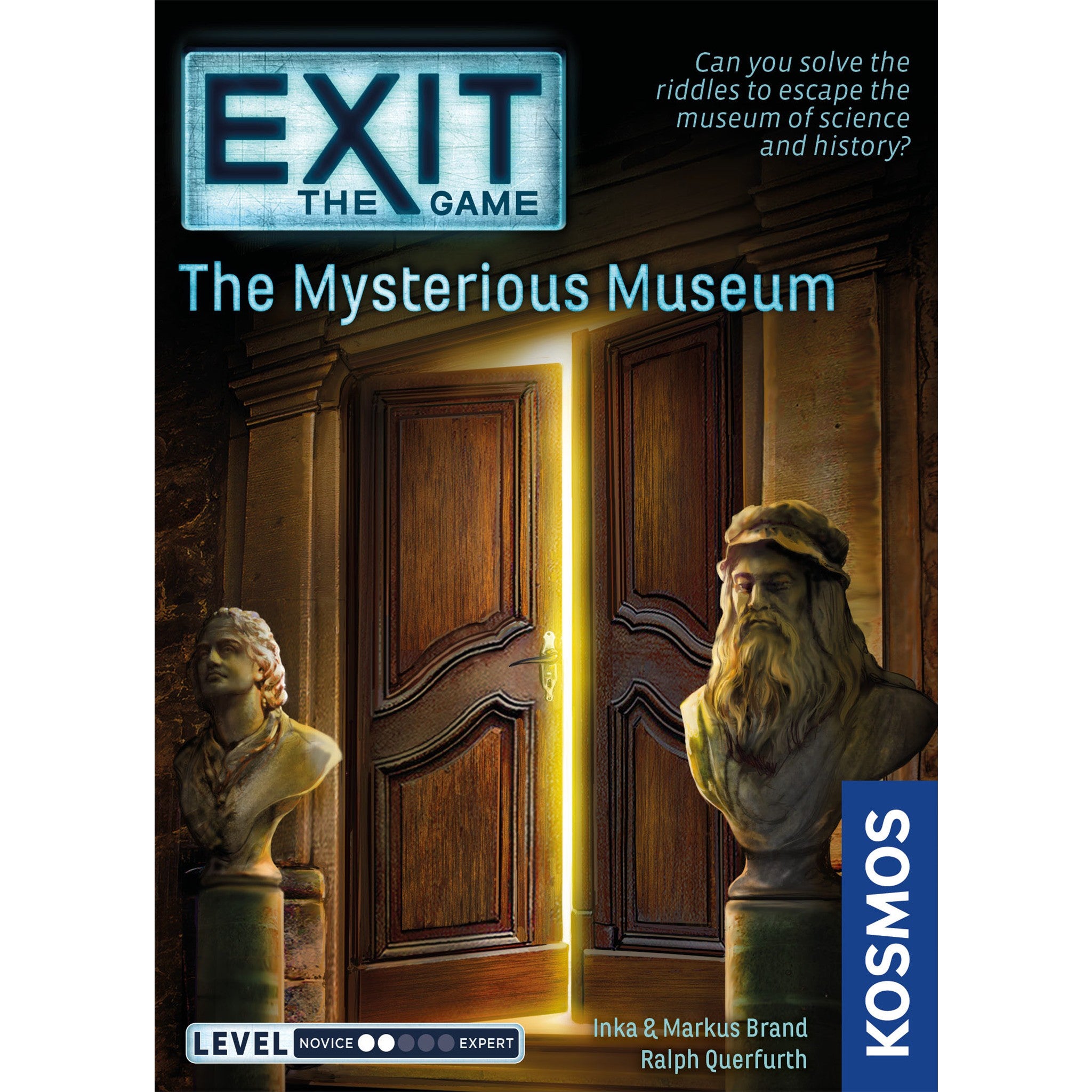 Box cover for the Exit: The Game - The Mysterious Museum, featuring an illustration of a museum door and a bust, with the game's title and logo.