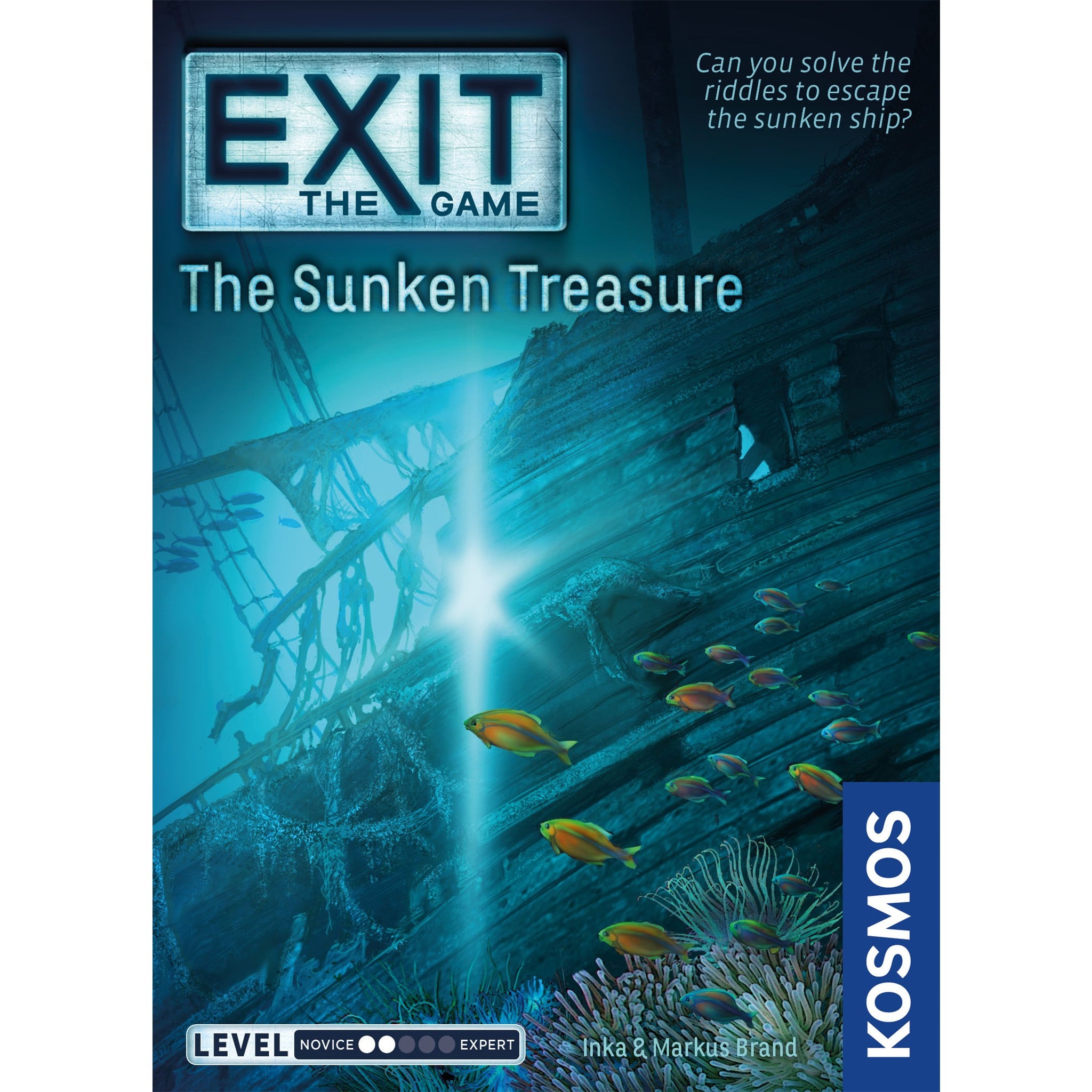 Box cover for the Exit game series, specifically 'The Sunken Treasure' edition, featuring an illustration of a sunken shipwreck.