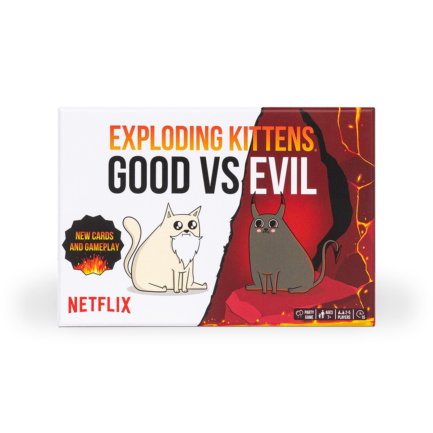 Board game box cover for 'Exploding Kittens Good vs Evil' featuring cartoon cats and the Netflix logo.