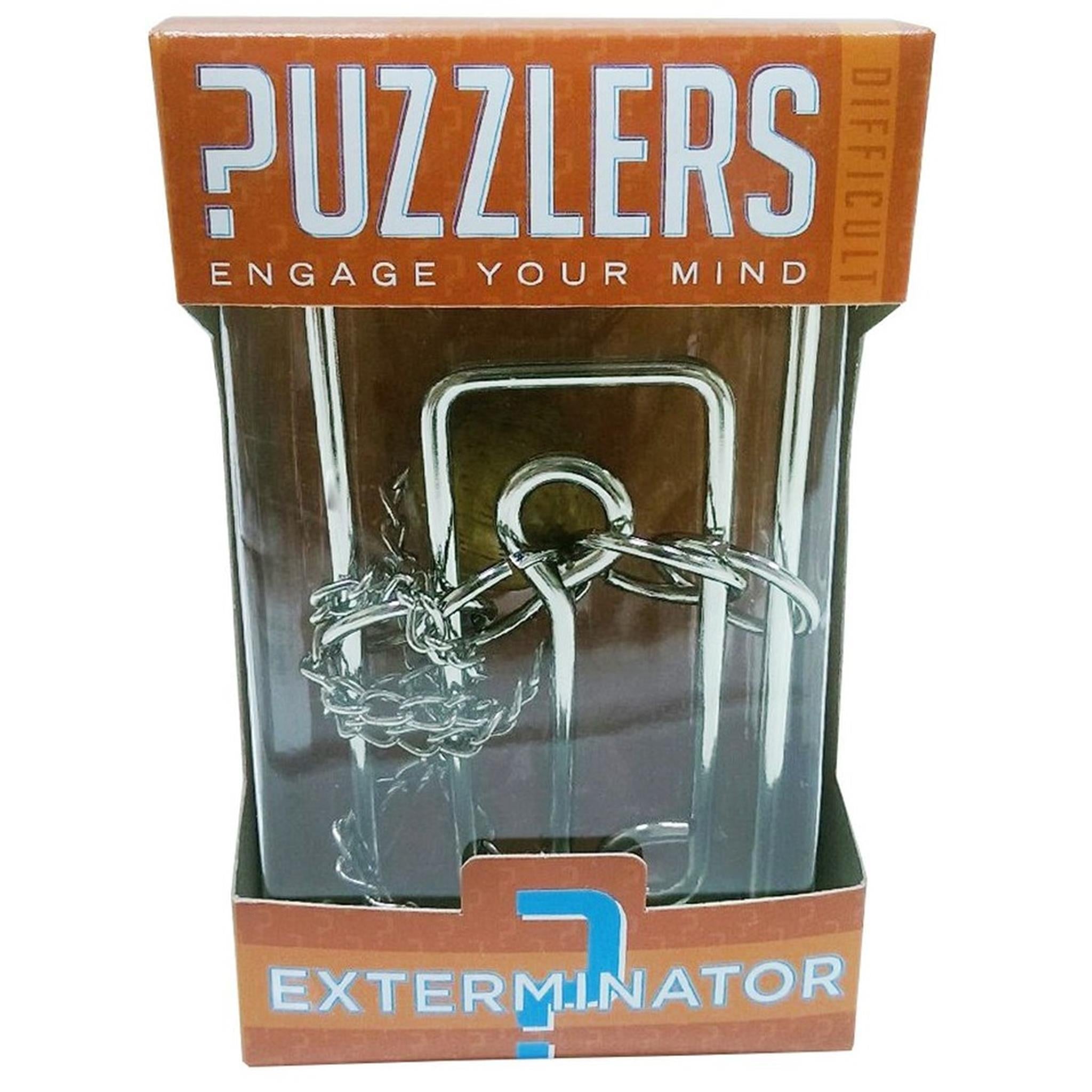 A packaged metal mechanical puzzle named 'Exterminator' from the Puzzlers series, engage your mind, indicating it's a brain teaser type of game.