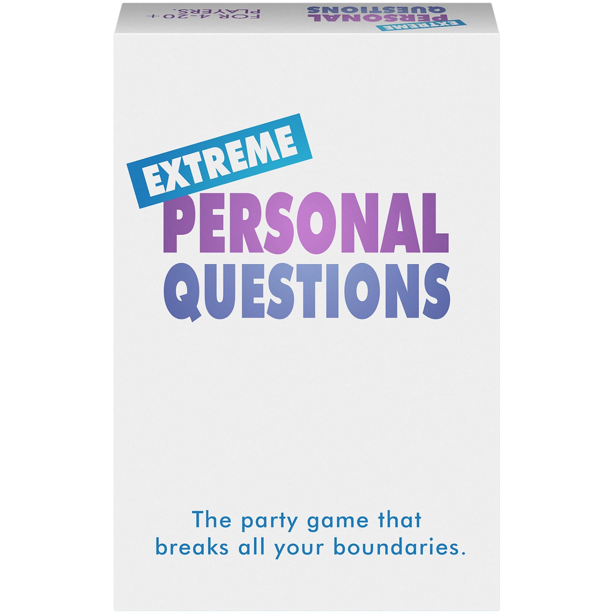 The image displays a product box for "Extreme Personal Questions," described as a party game that breaks all your boundaries. The box is predominantly white with bold, purple and pink text, and it features the product name prominently along with a sample question, which adds a playful and engaging element to the presentation.