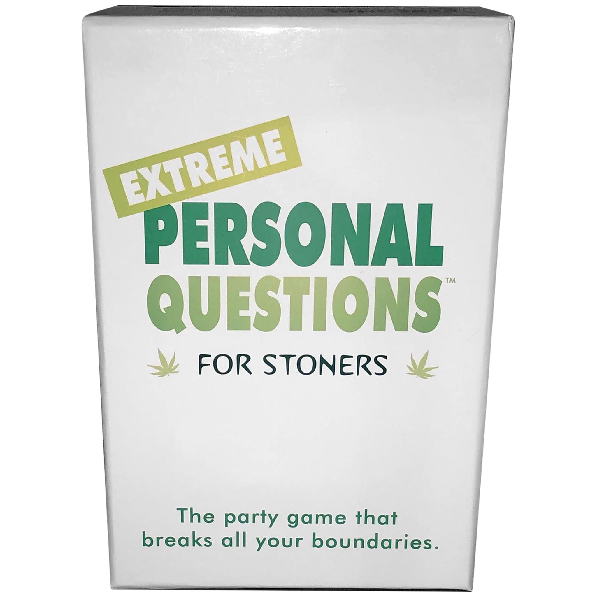 The product image shows a box of the game 'Extreme Personal Questons for Stoners', with green and black text on a white background. The game is described as one that 'breaks all your boundaries.