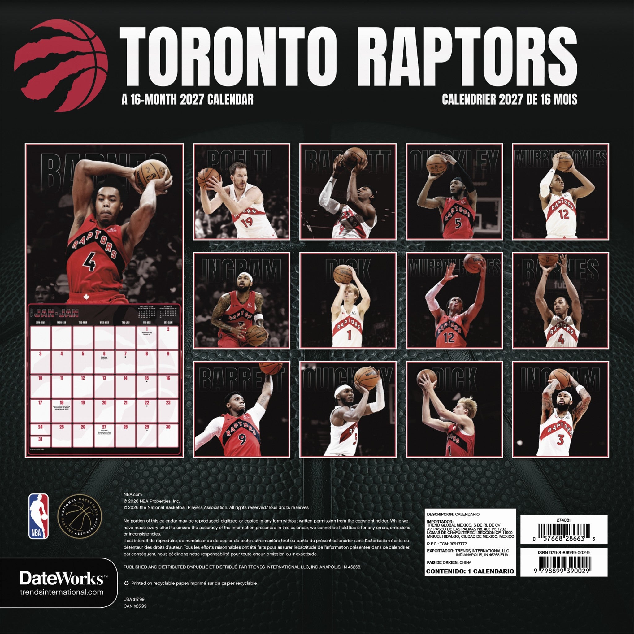 NBA Toronto Raptors 2027 Wall Calendar