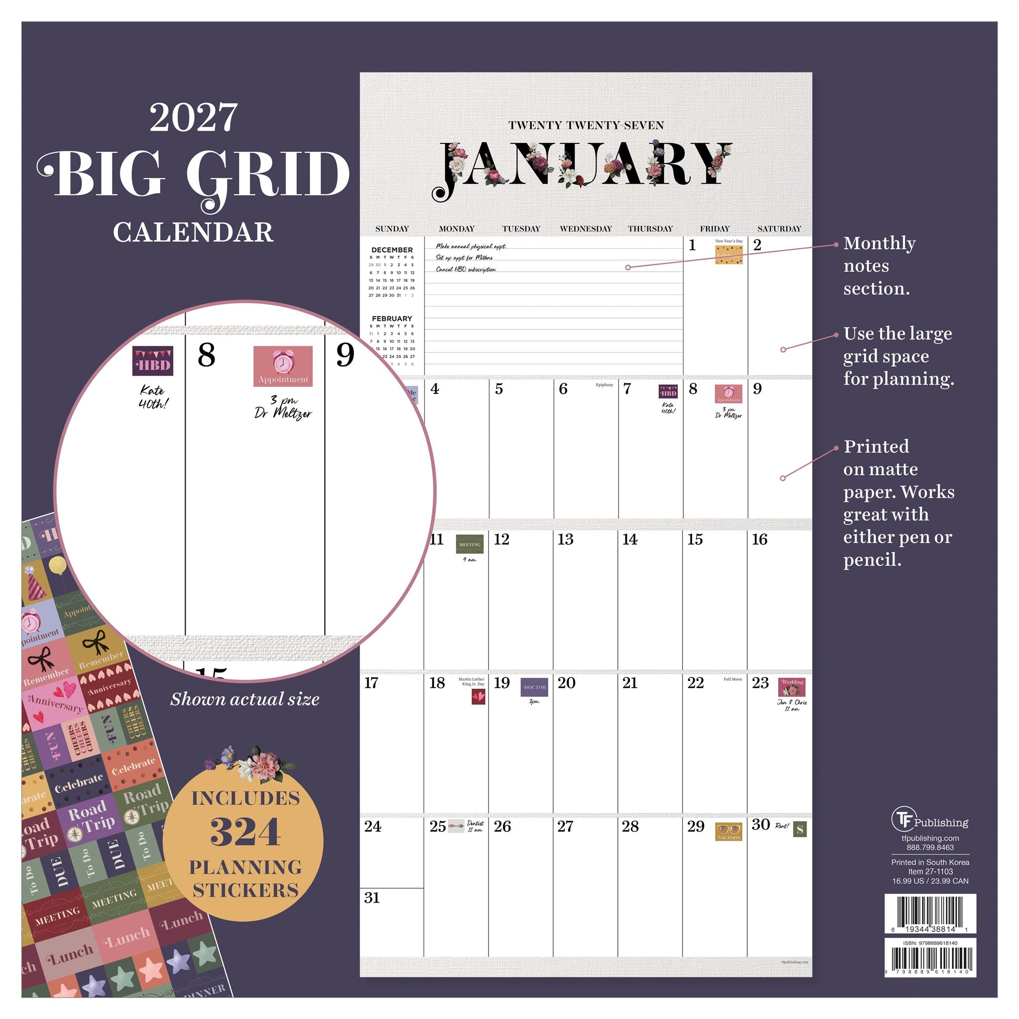 Big Grid Floral 2027 Wall Calendar