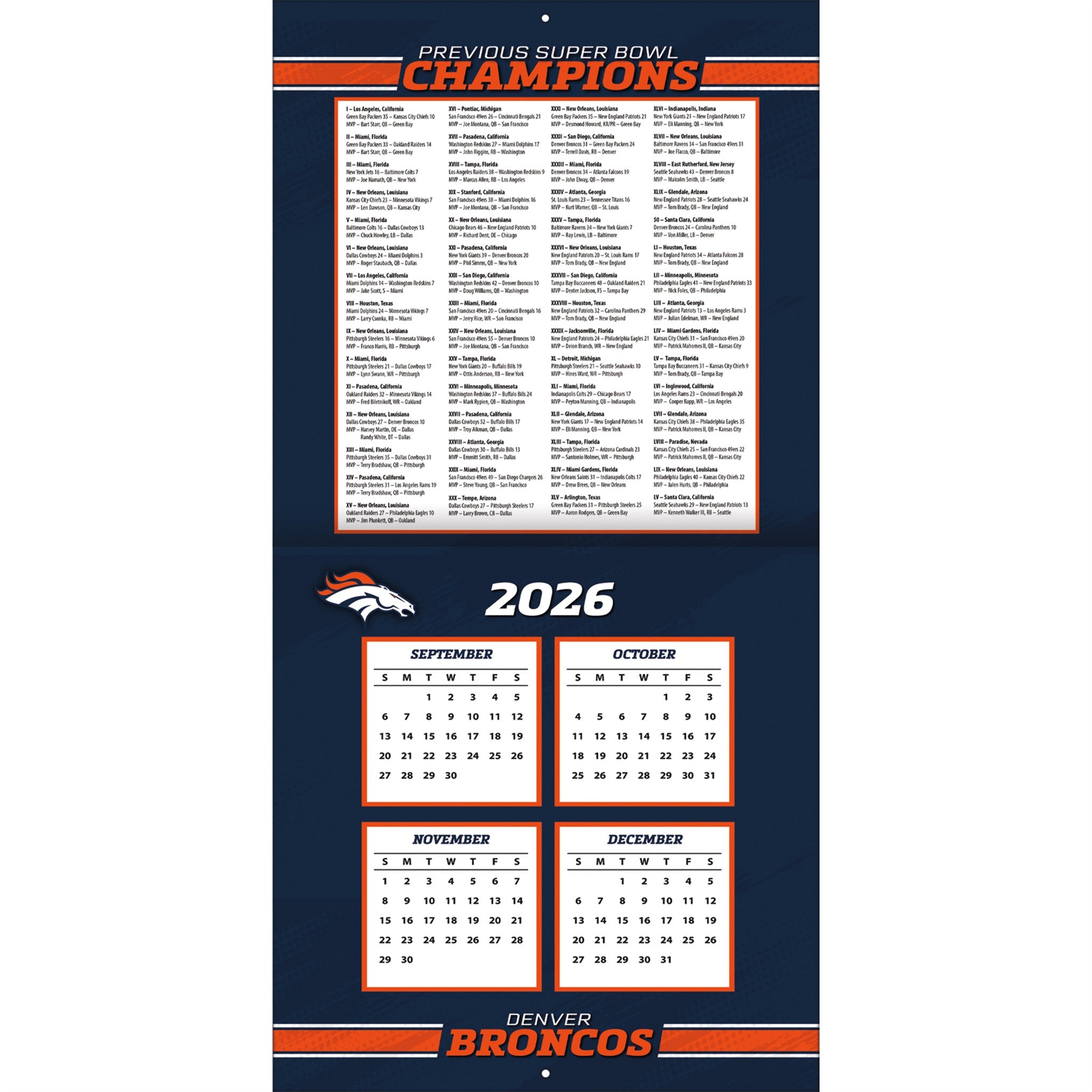 NFL Denver Broncos 2027 Wall Calendar - Online Only