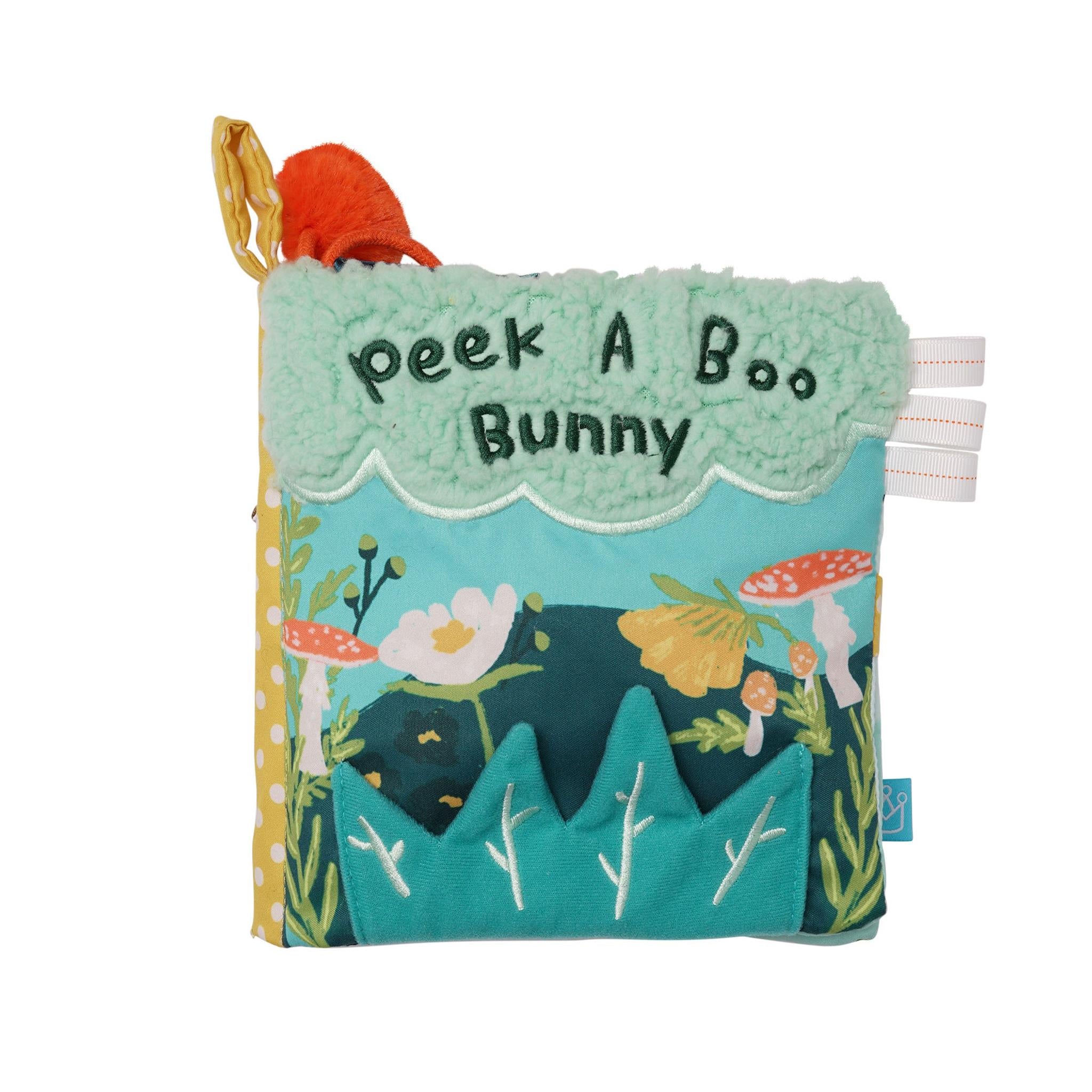A soft sensory book for babies with a cover featuring a garden and a tethered-on red squirrel, titled 'Peek A Boo Bunny'.