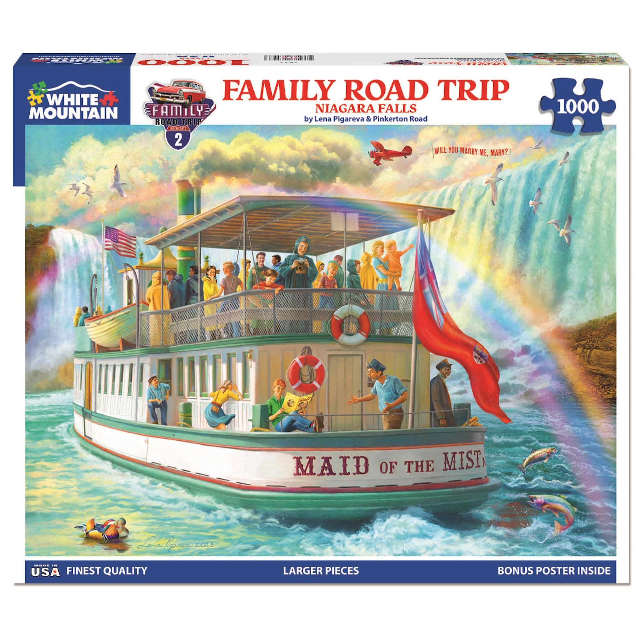 A 1000 piece jigsaw puzzle depicting a scene with a boat labeled 'MAID OF THE MIST' at Niagara Falls, with a rainbow and a bonus poster inside.
