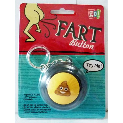 The product image shows a 'Fart Button' keychain on a red and blue card packaging, with a visual of a farting cartoon character and the text 'Try Me!'.