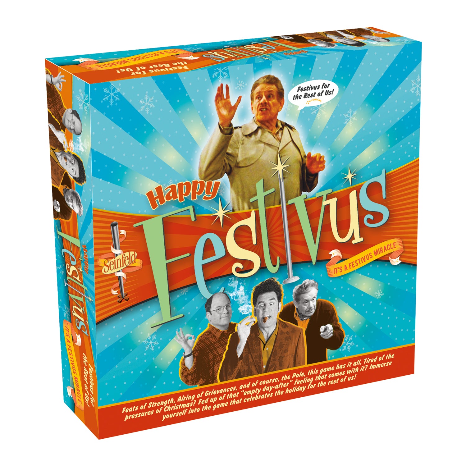 Boxed Festivus board game featuring characters from the Seinfeld television show with a festive theme.