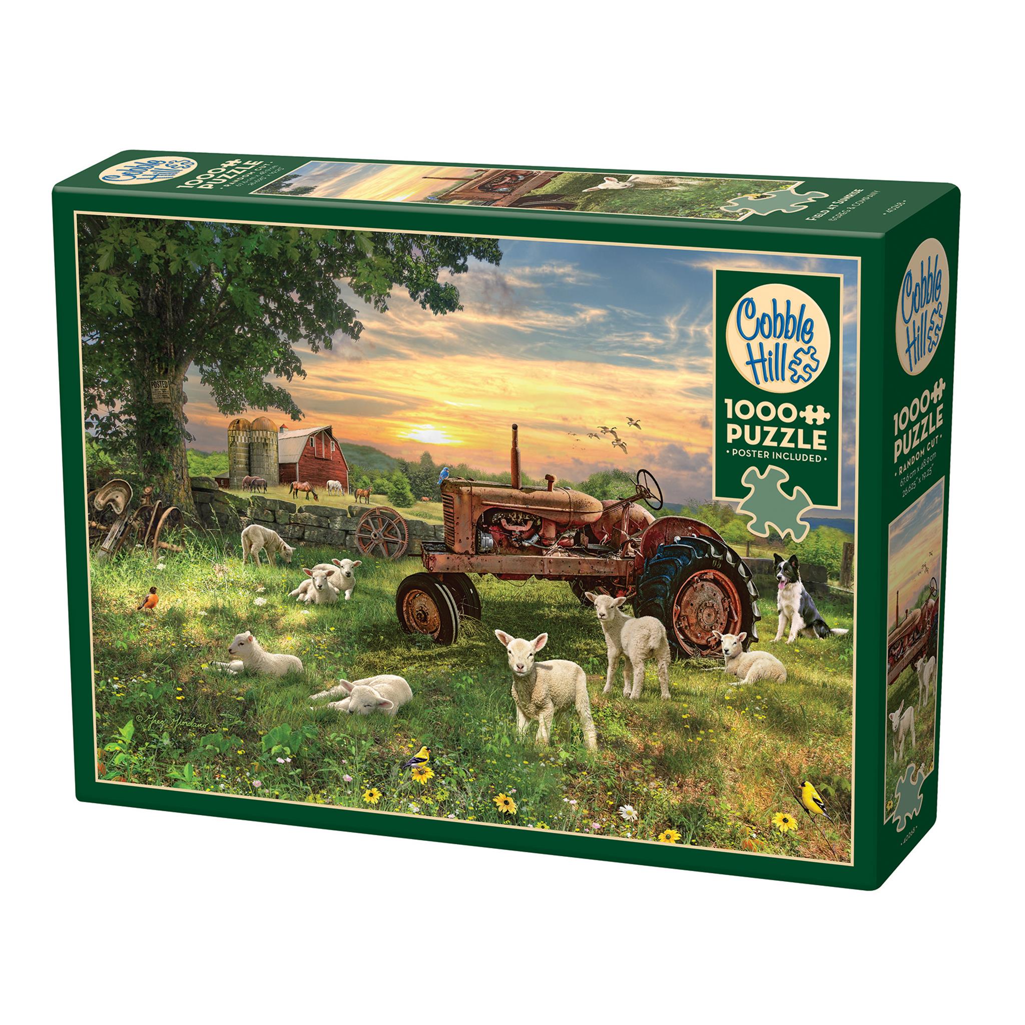 A 1000 piece Cobble Hill puzzle box featuring a pastoral scene with an old tractor, a red barn, sheep, and a Border Collie in a field at sunrise.