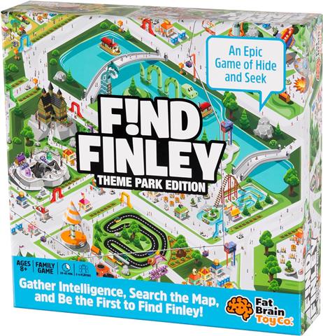 Box cover for the board game 'Find Finley'. The image features cartoon-style artwork of the game's theme park setting with ride-like elements and a character named Finley depicted in a captures pose.