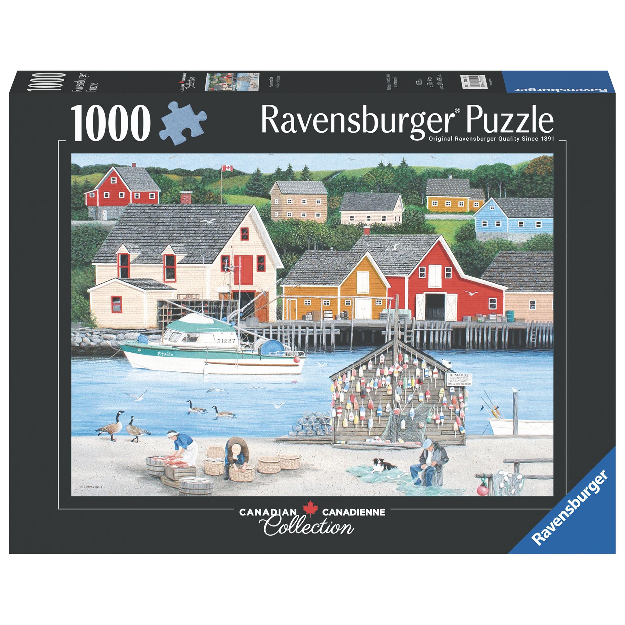A 1000-piece Ravensburger jigsaw puzzle box featuring a vibrant scene with colorful fisherman's cottages and a boat named 'Star' docked in the foreground.