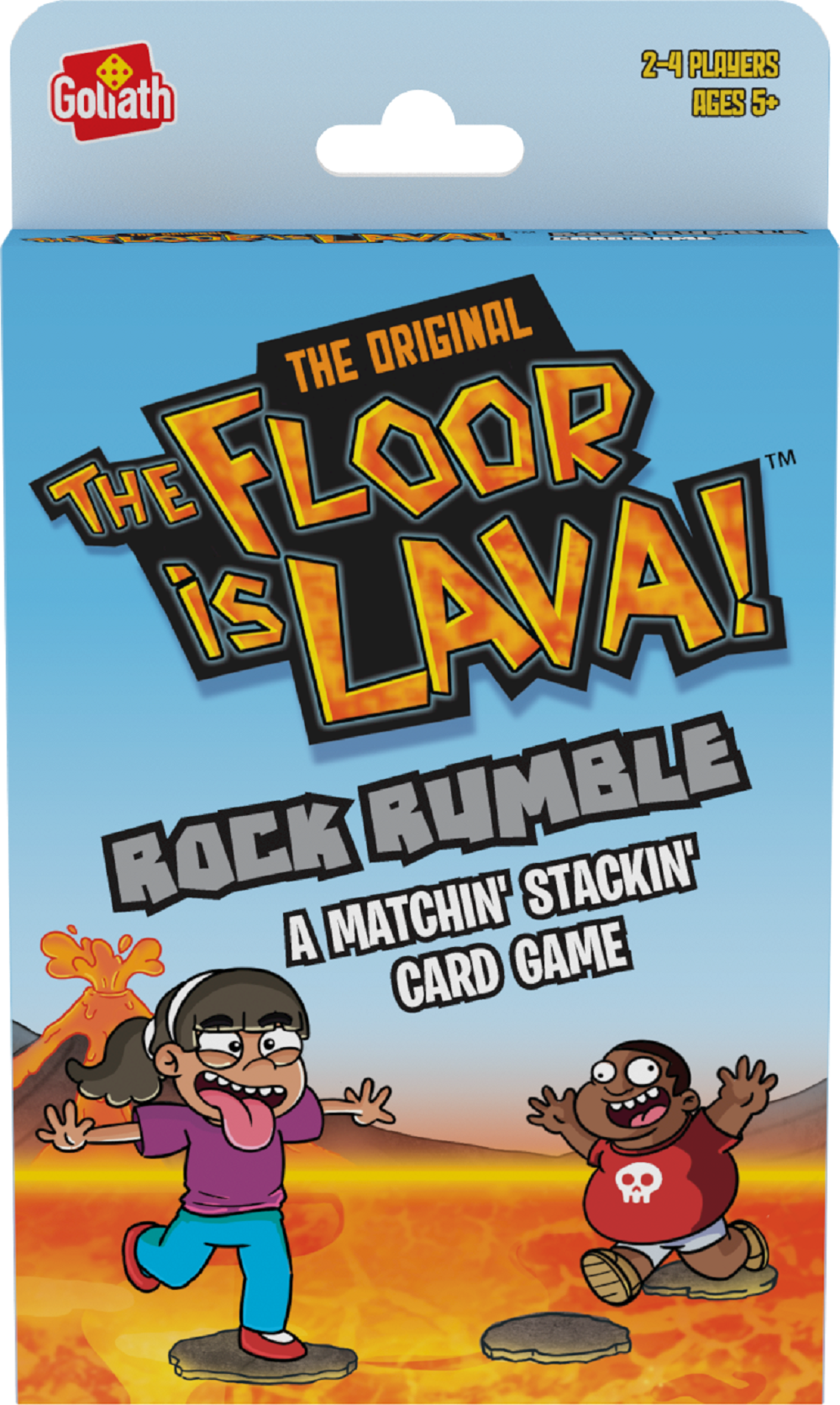 Packaging for 'The Floor is Lava Rock Rumble' card game, featuring illustrations of two cartoon characters on a lava-themed background with board game elements.