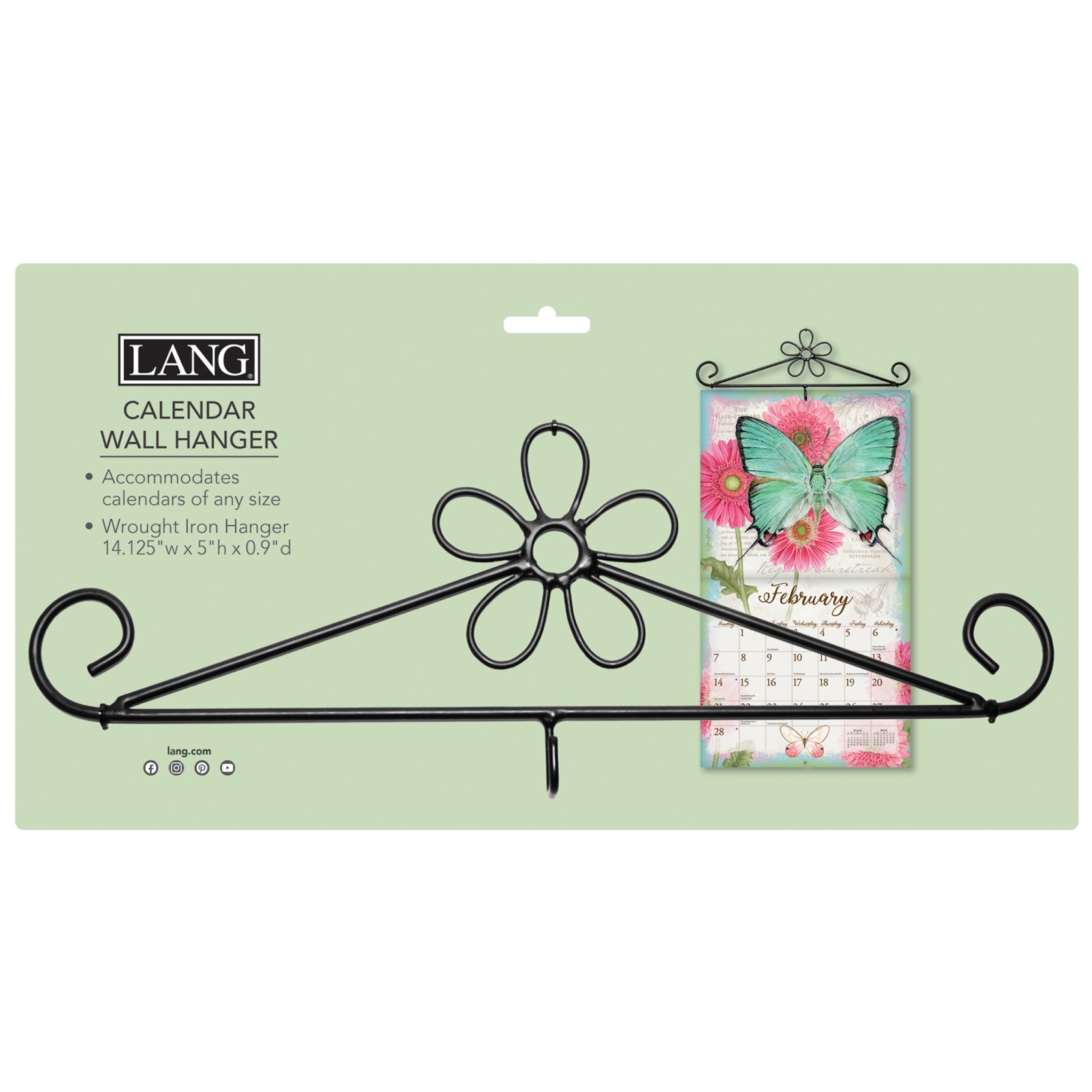 A black wrought iron calendar hanger with a flower design at the top.