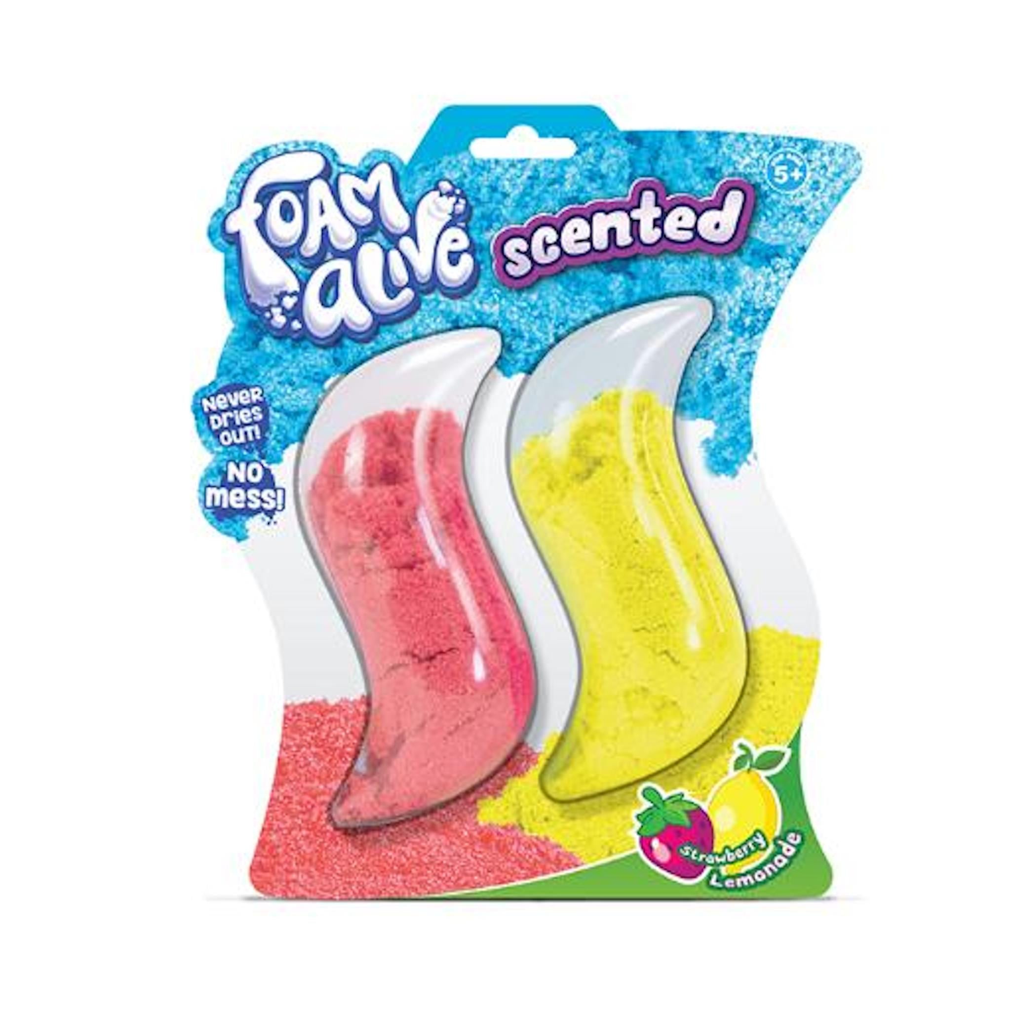 Packaging of Foam Alive Scented Double Blister showing two pouches of red and yellow foam beads with a label indicating multiple scents.