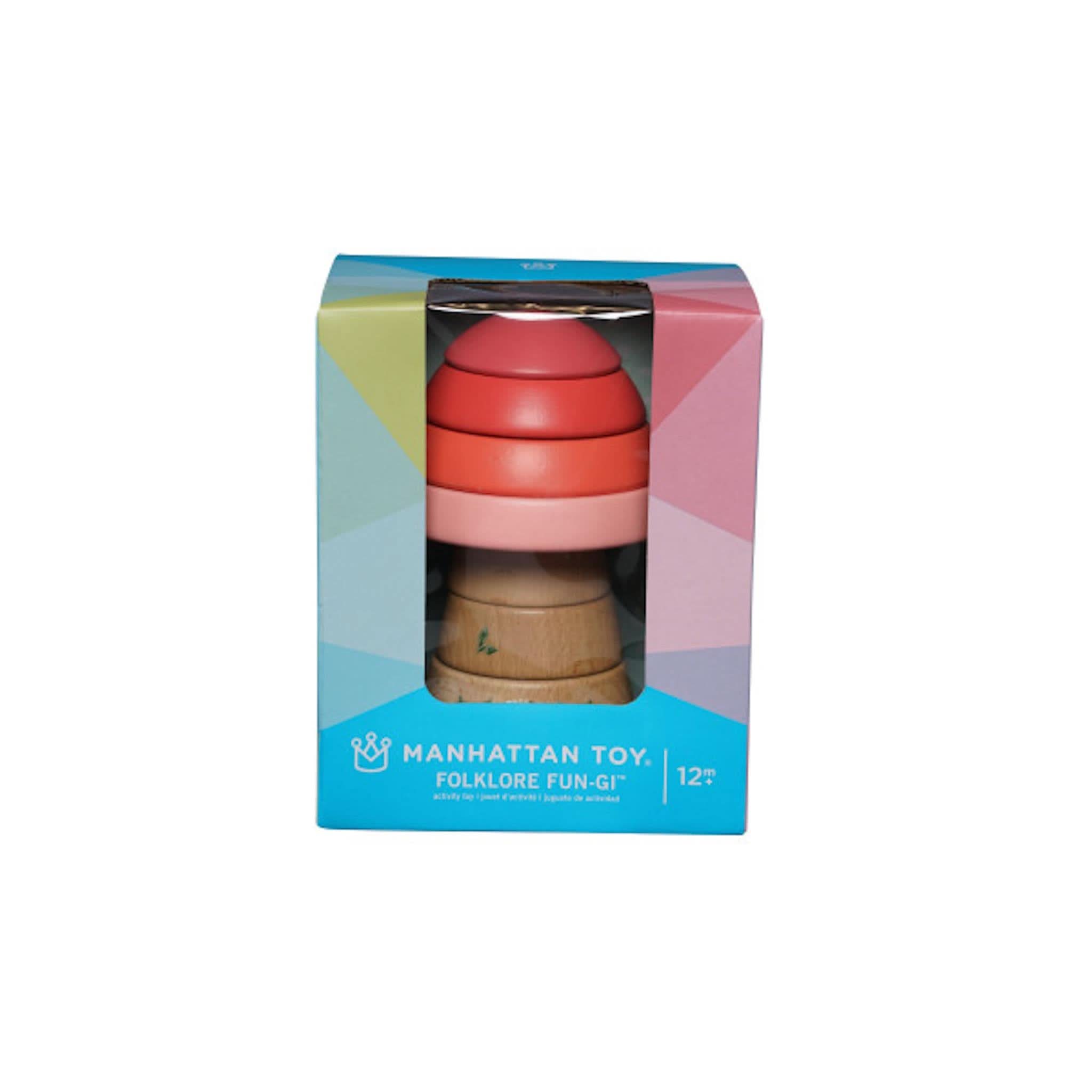 A packaged Folklore Fun-gi Magnetic Stacker toy featuring wooden stacking rings in various colors presented in a box with a 'Manhattan Toy' logo.