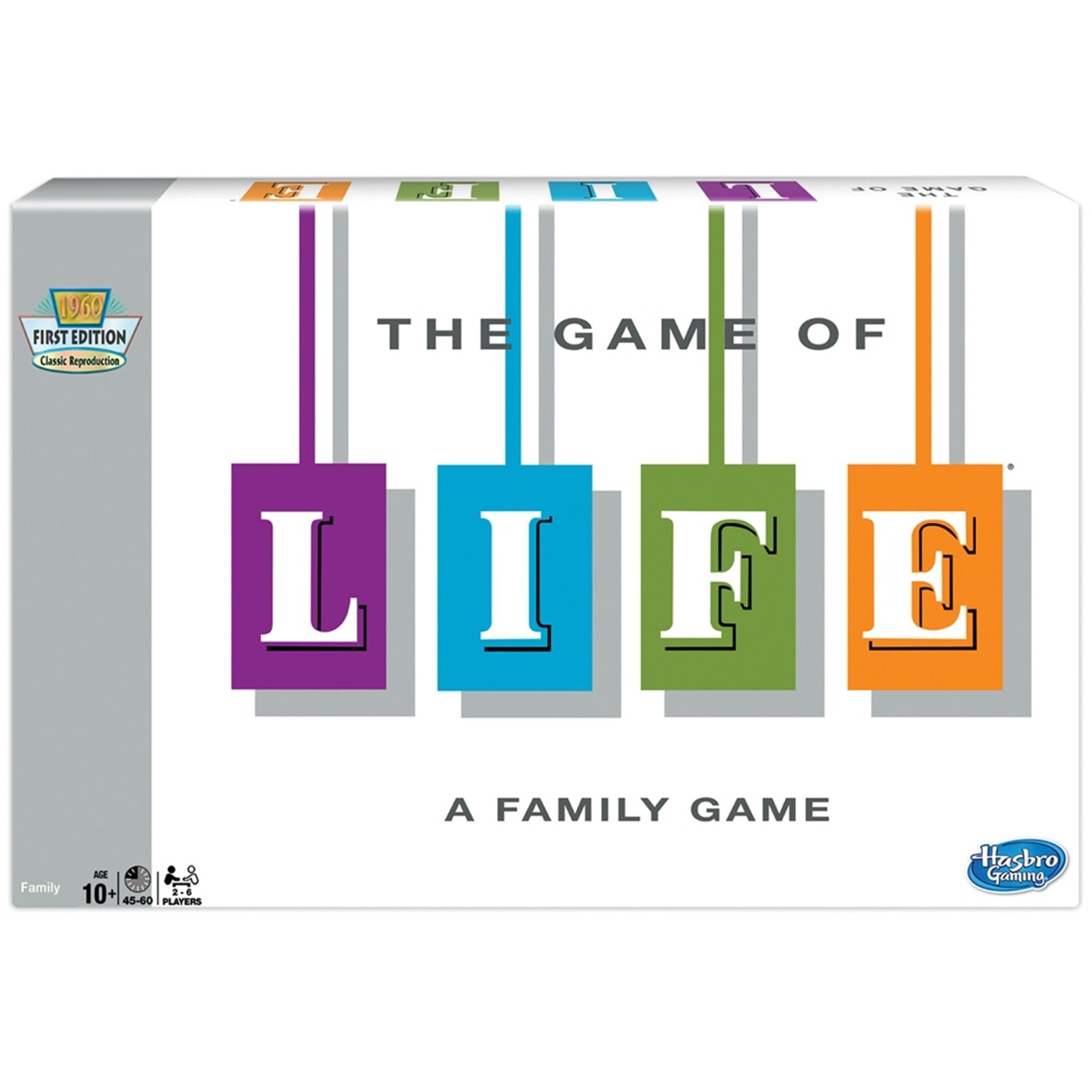 Box cover for 'The Game of Life' board game, featuring the title in stylized text with colored backgrounds behind each letter.