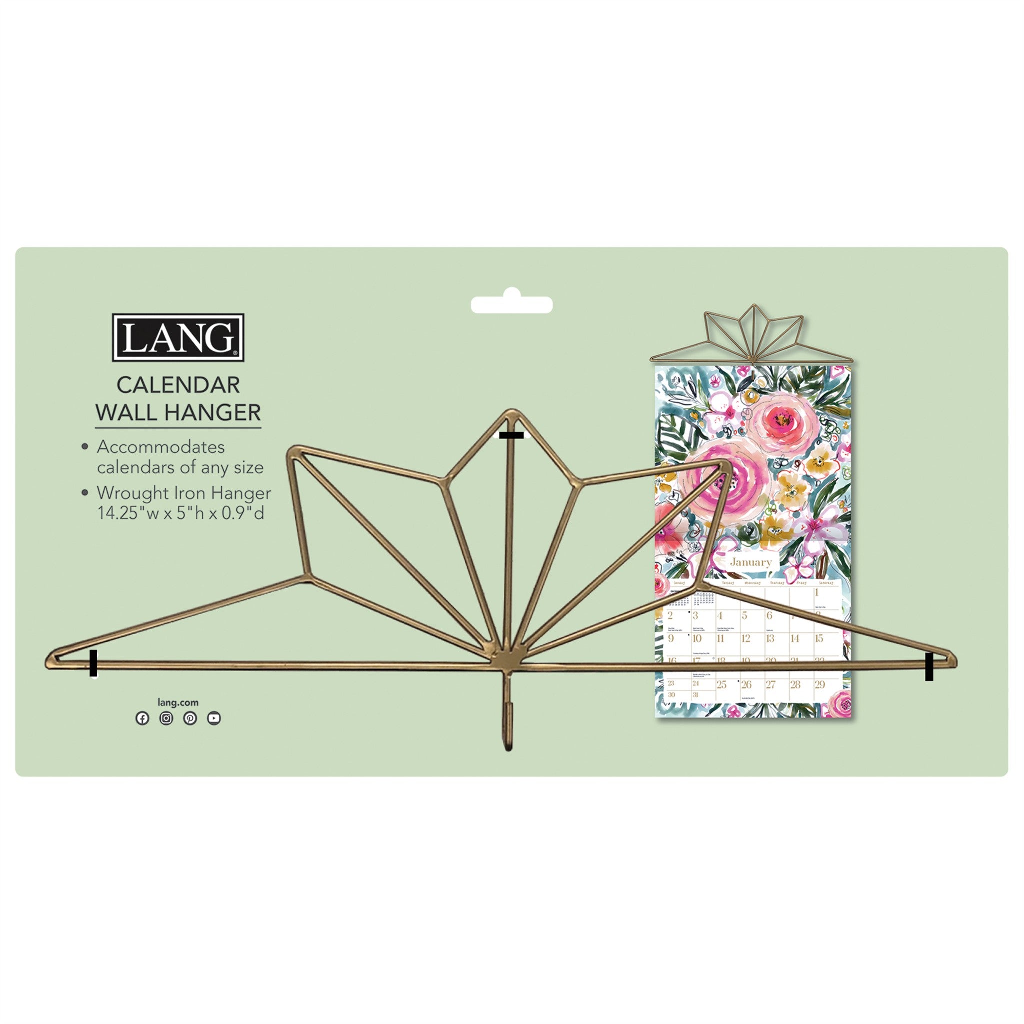 A gold wrought iron hanger with a geometric design, resembling a star or a flower, used for hanging a calendar.