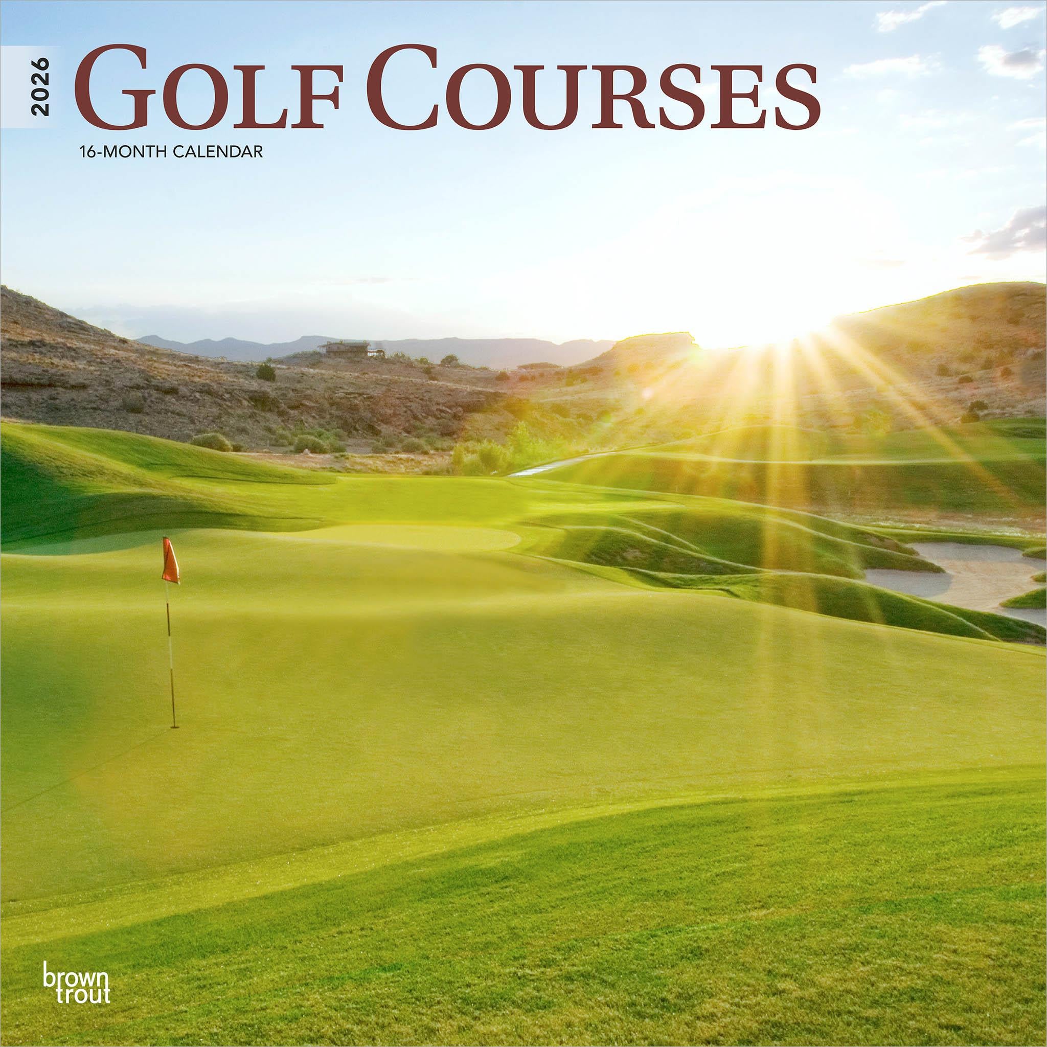 A cover image of the Golf Courses 2026 Wall Calendar, featuring a vibrant photo of a golf course with a green field, a flag on the hole, and a mountainous background.