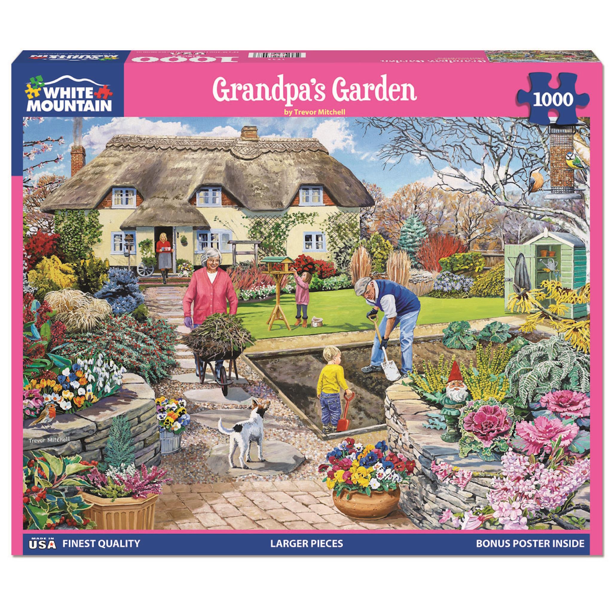 A 1000 piece jigsaw puzzle box featuring an illustration of a family in a garden with a house, trees, and a dog.
