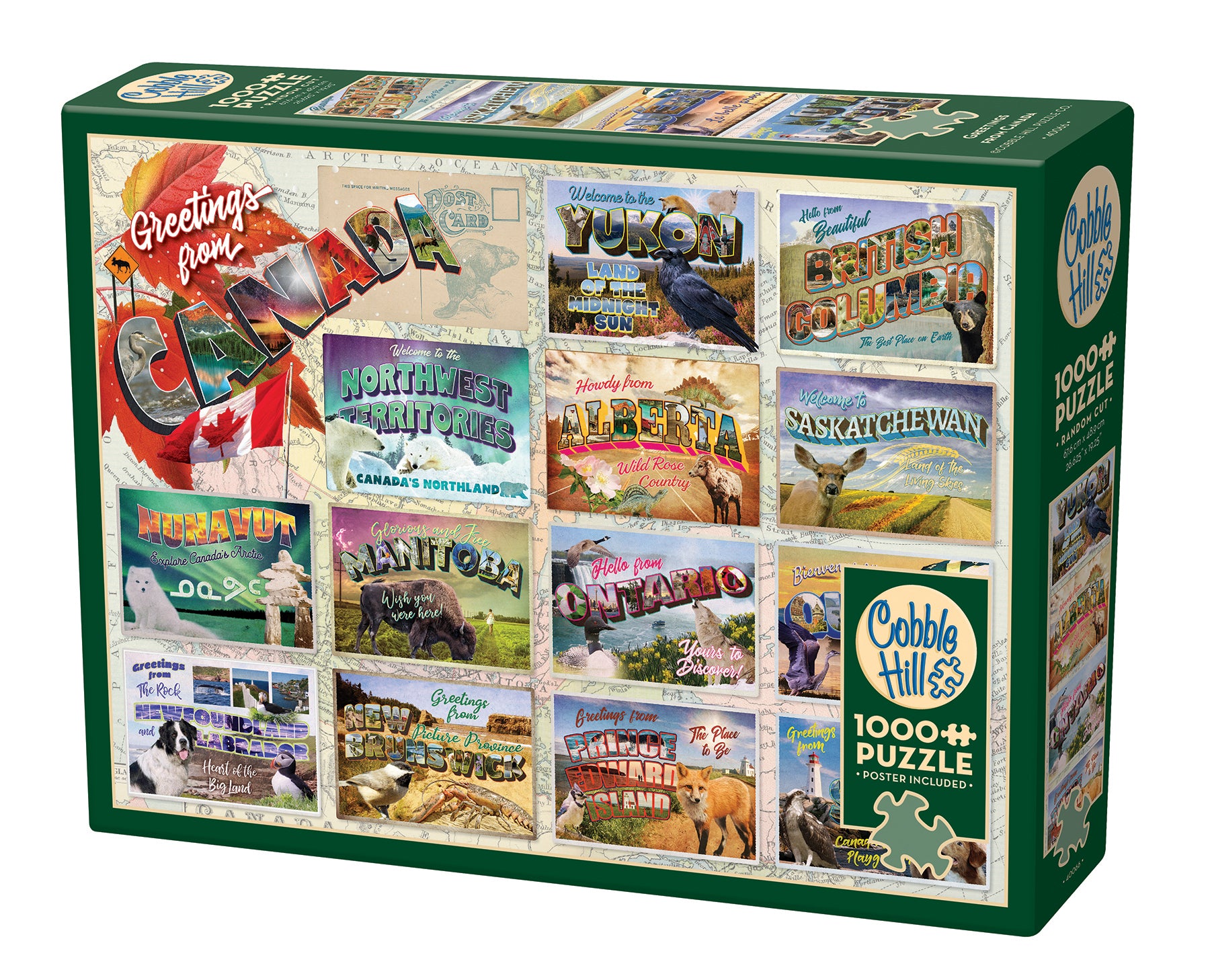 A 1000 piece jigsaw puzzle box featuring a collage of vintage-style postcards from different provinces and territories of Canada.