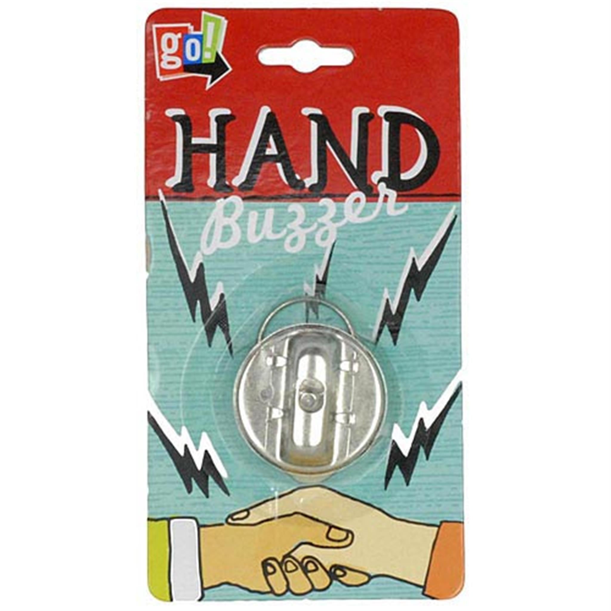 A hand buzzer toy in packaging, predominantly red and white with a depiction of hands pressing the buzzer.