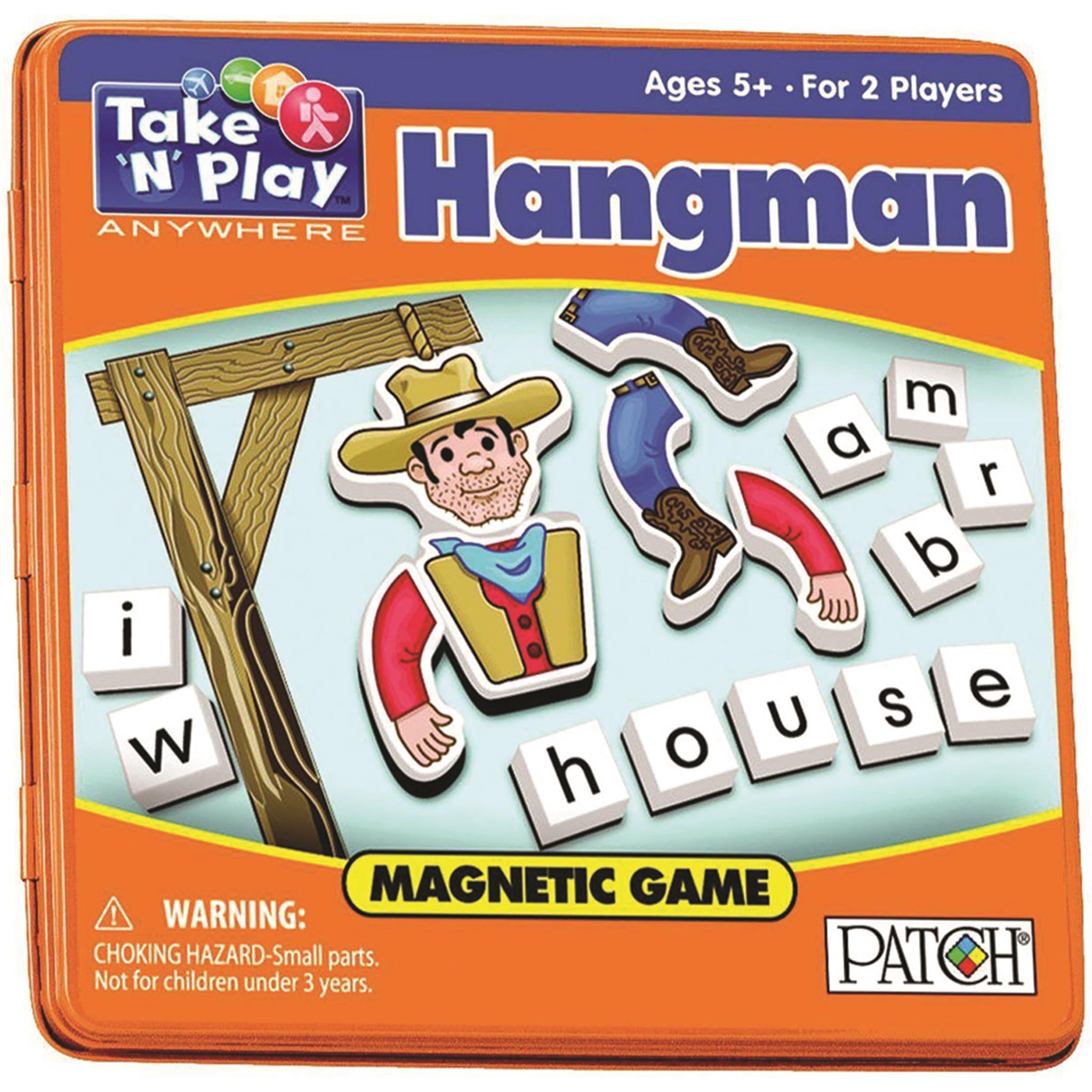 Hangman Magnetic Travel Game packaging with cartoon illustration of a cowboy and hangman, and magnetic letter tiles.