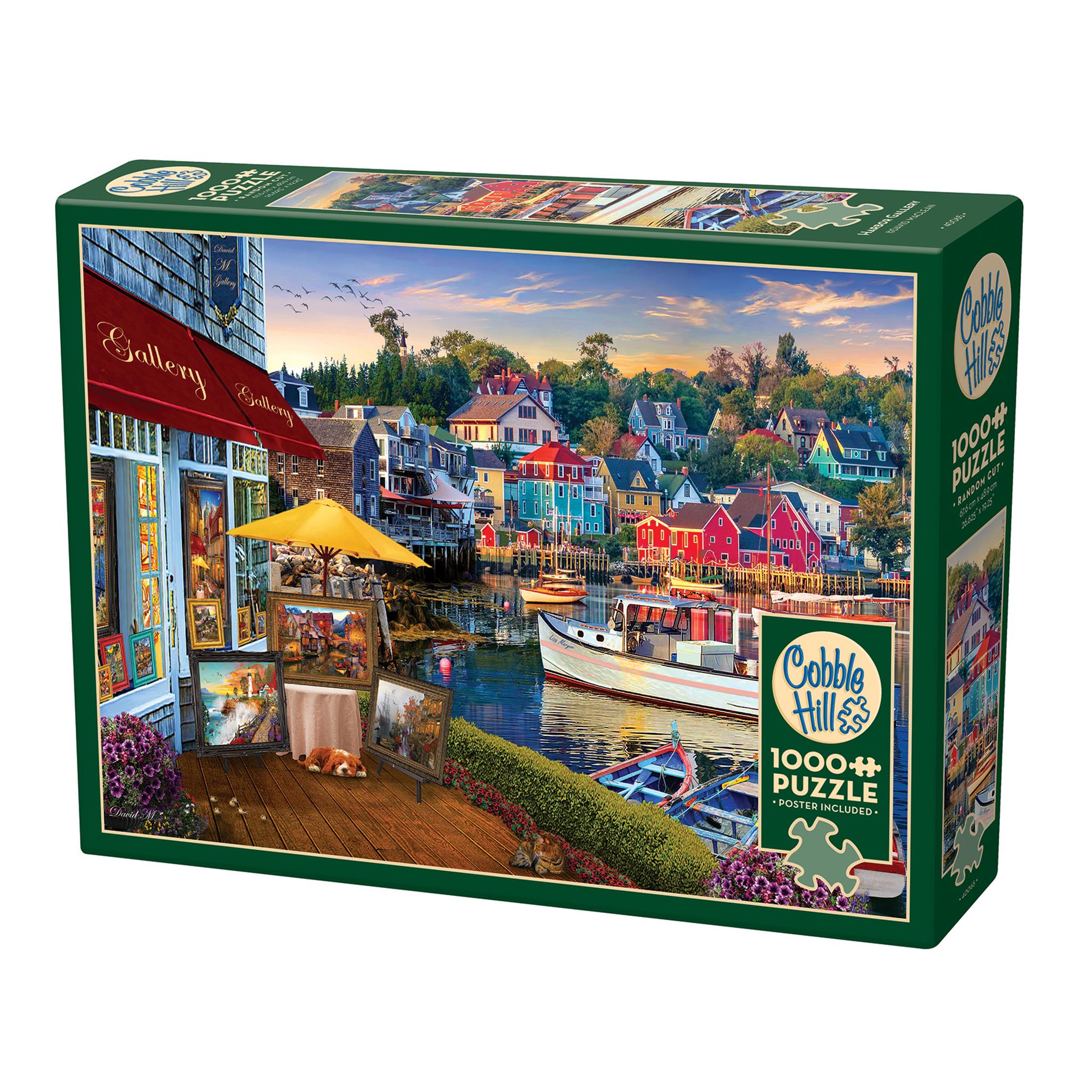 A 1000 piece Cobble Hill jigsaw puzzle box featuring a vibrant image of a harbor scene with colorful houses and boats.