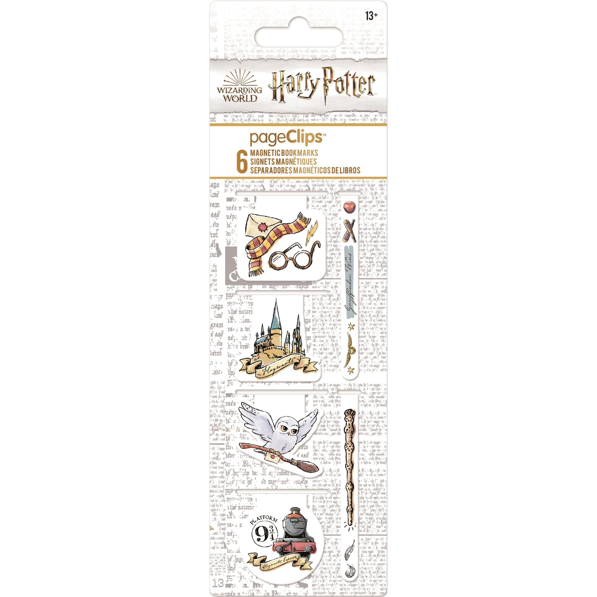 Pack of six Harry Potter themed magnetic page clips with various designs including the Harry Potter character, Hogwarts castle, and a golden snitch.