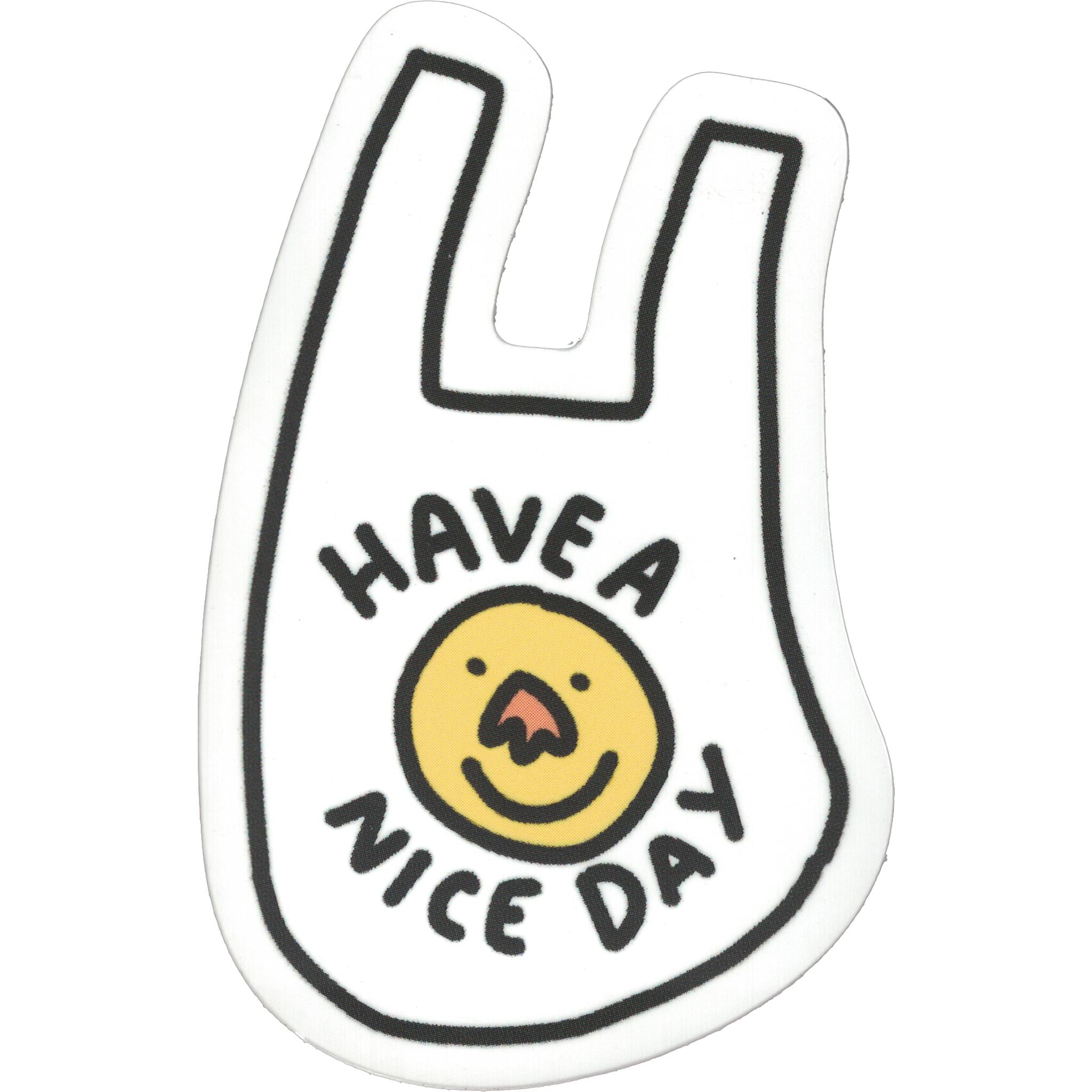 A vinyl sticker in the shape of a plastic bag with 'HAVE A NICE DAY' written on it and a smiley face in the center.