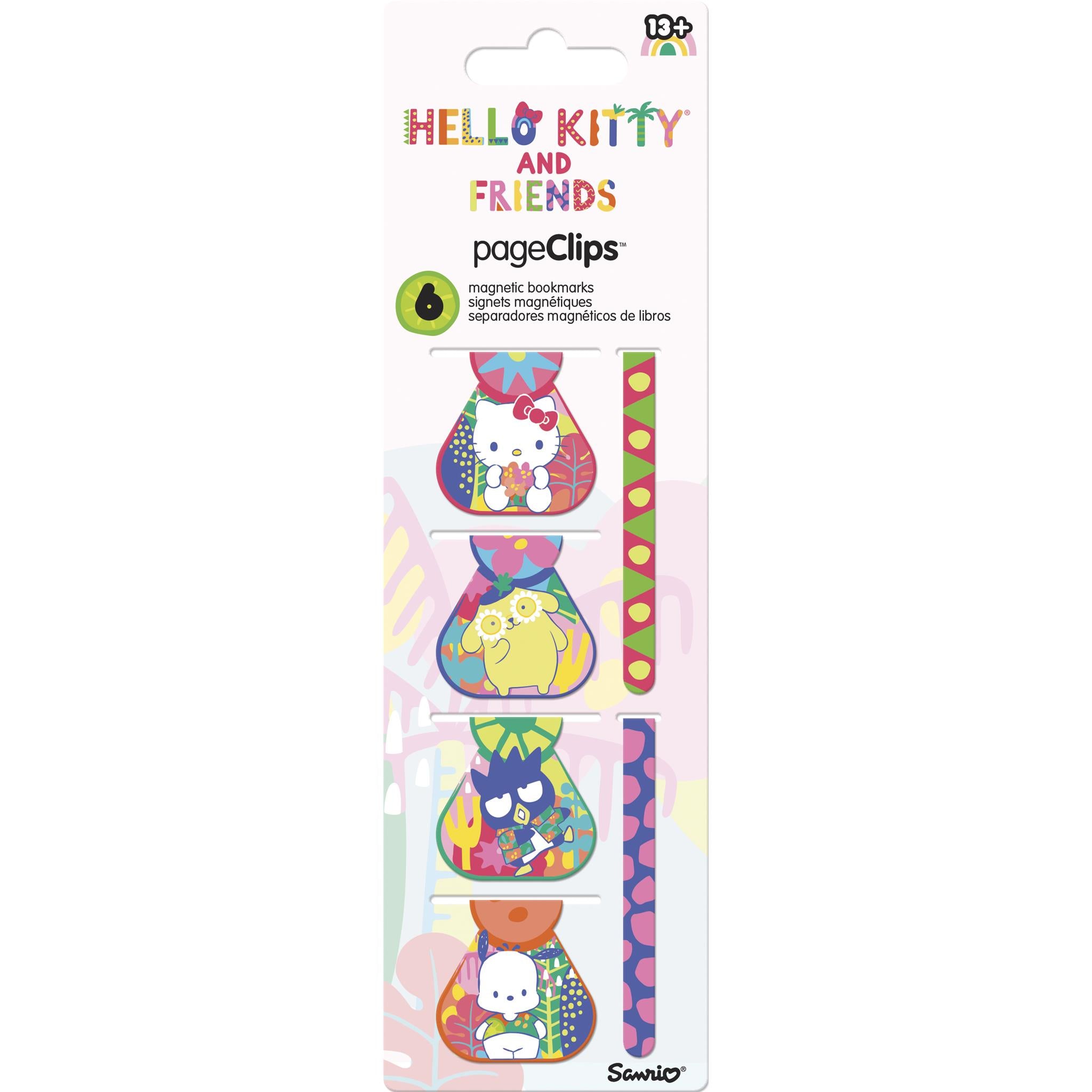 Packaging for Hello Kitty Page Clips featuring magnetic page markers with Hello Kitty and friends designs.