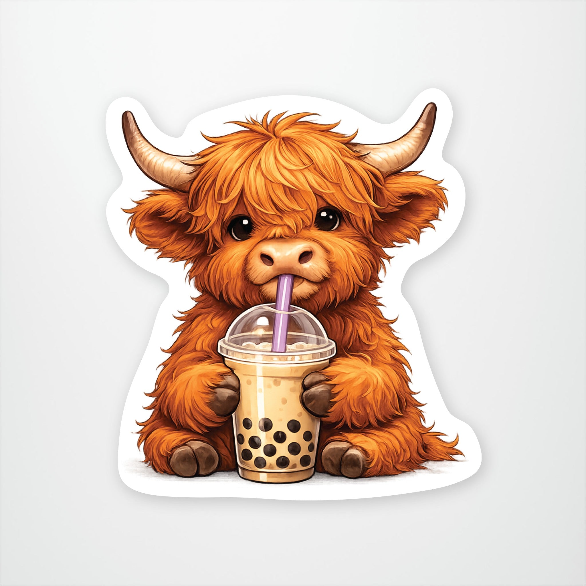 Highland Cow with Bubble Tea Exclusive Vinyl Sticker