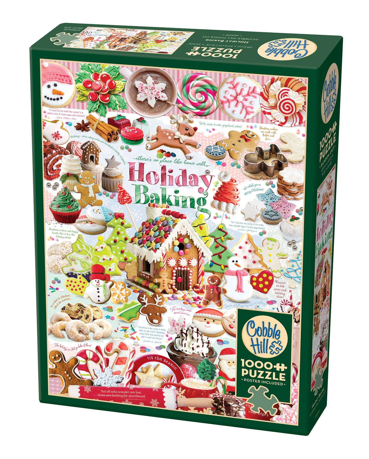A 1000 piece Cobble Hill puzzle box featuring an illustrated festive baking theme with various cookies, candies, and a gingerbread house.