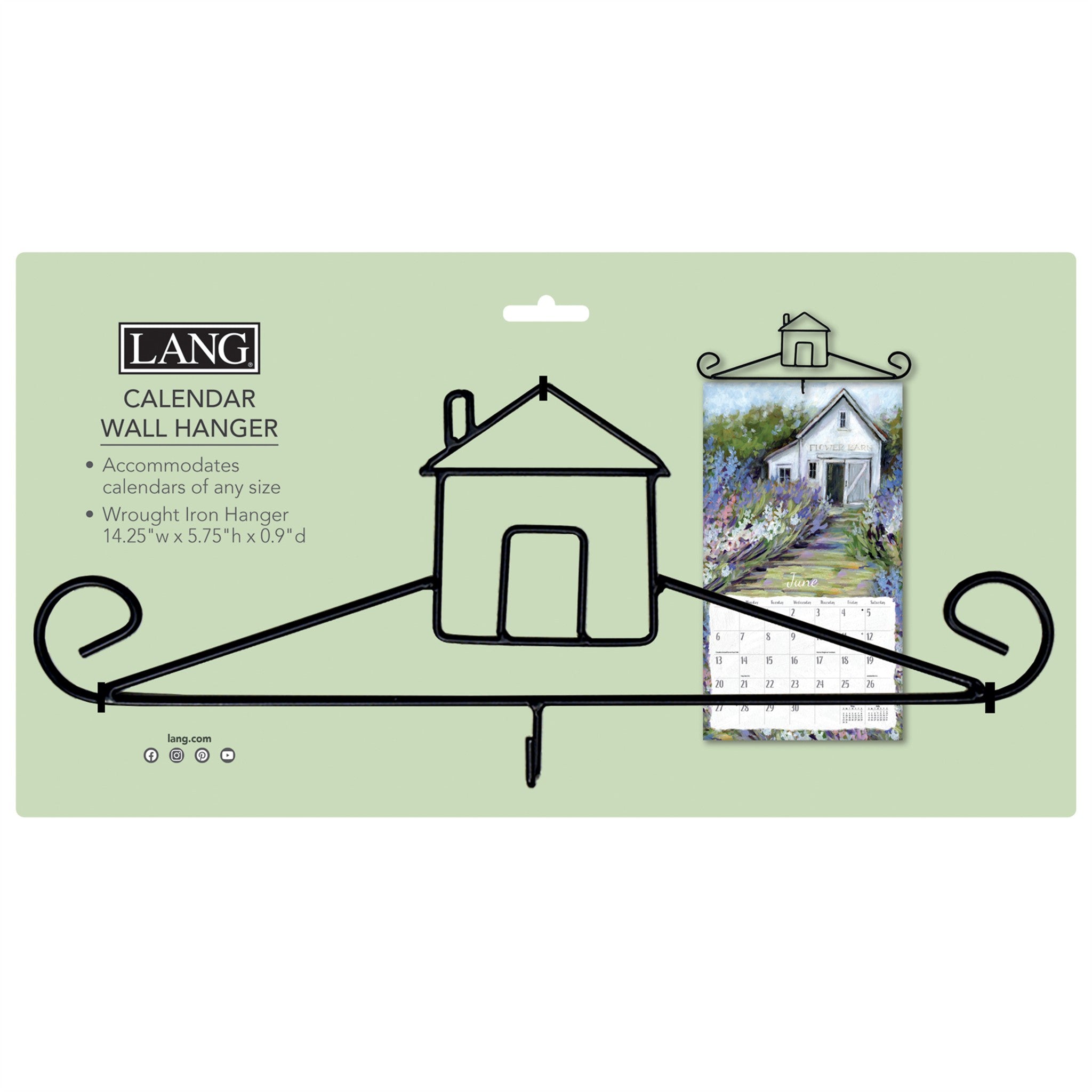 A wrought iron hanger in the shape of a house with a hook at the bottom for hanging a calendar.